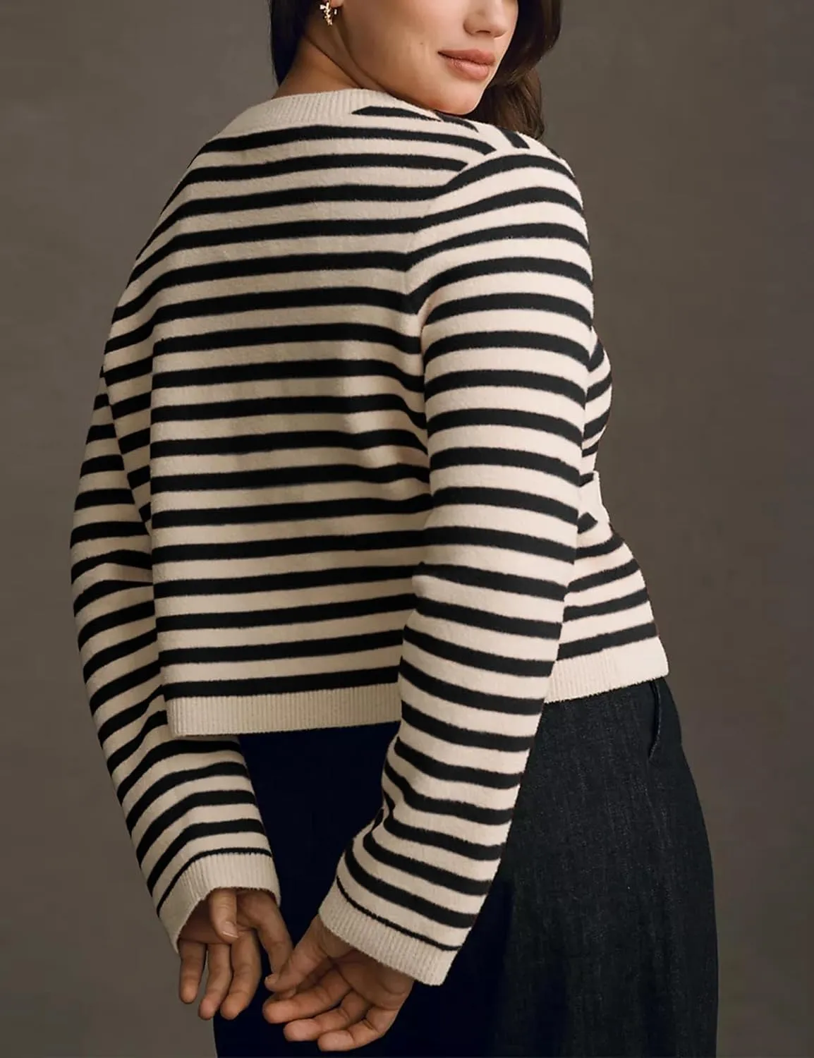 Lentta Womens Striped Knit Cardigan Sweater Crew Neck Long Sleeve Button Front Outerwear
