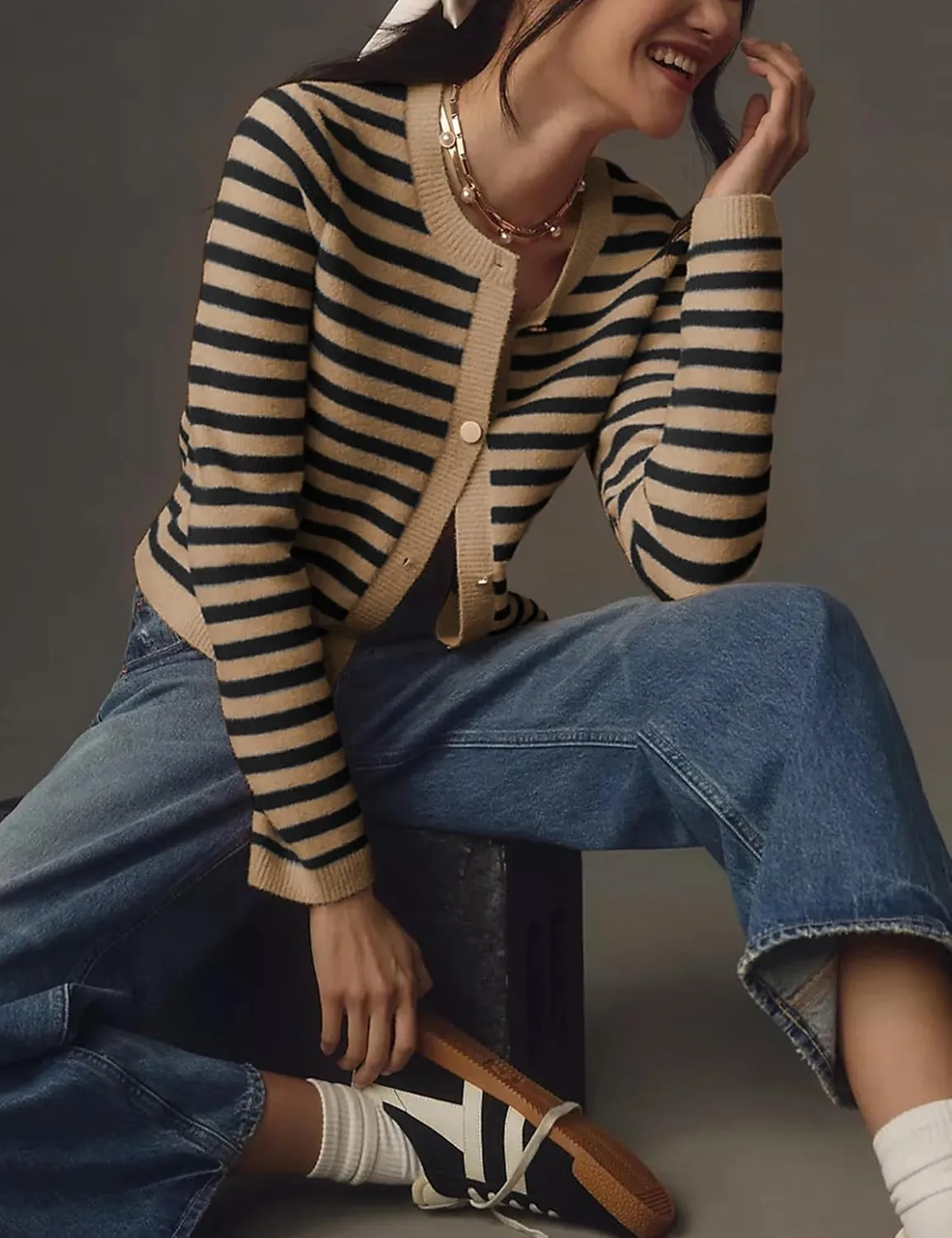 Lentta Womens Striped Knit Cardigan Sweater Crew Neck Long Sleeve Button Front Outerwear