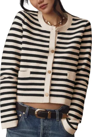 Lentta Womens Striped Knit Cardigan Sweater Crew Neck Long Sleeve Button Front Outerwear