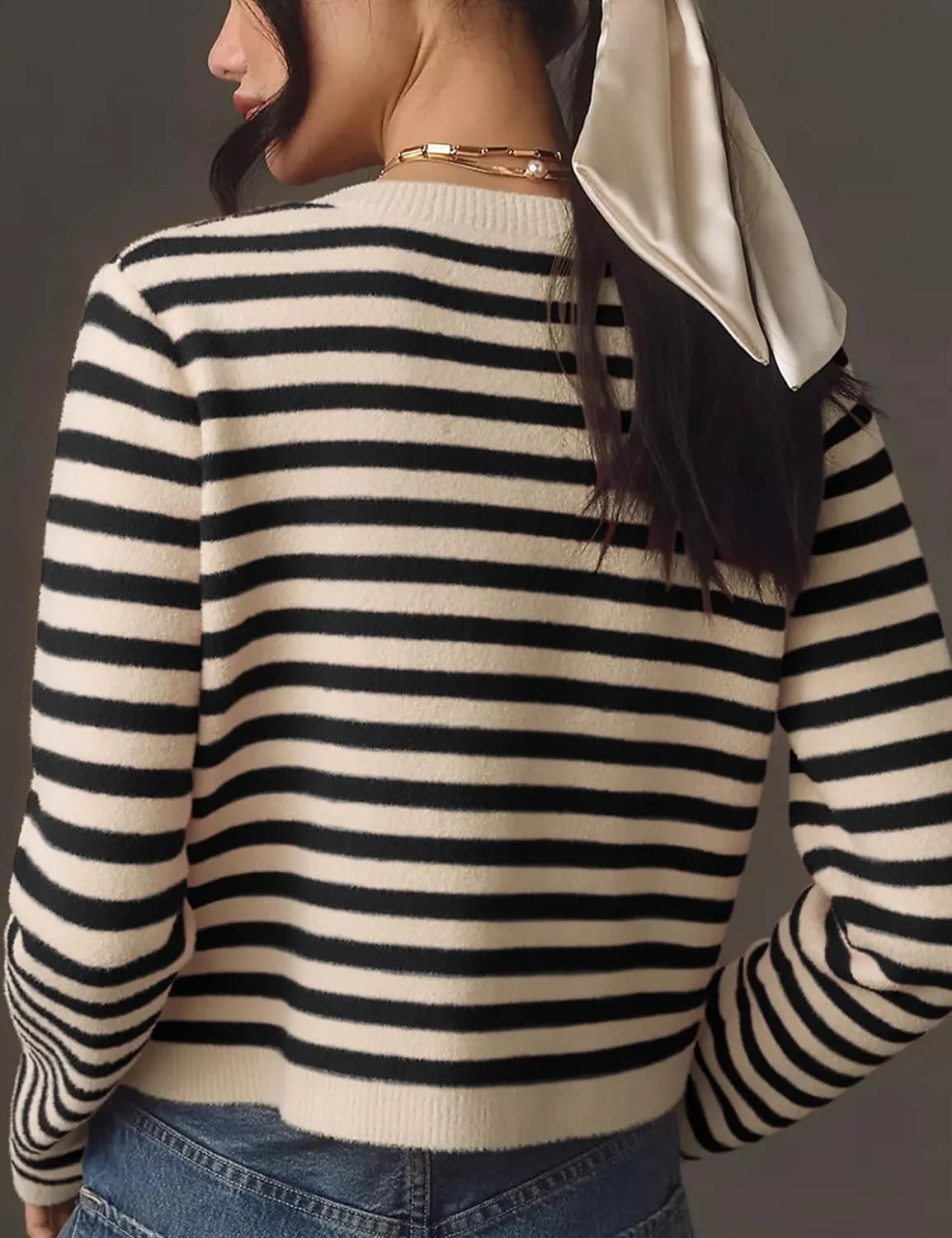 Lentta Womens Striped Knit Cardigan Sweater Crew Neck Long Sleeve Button Front Outerwear