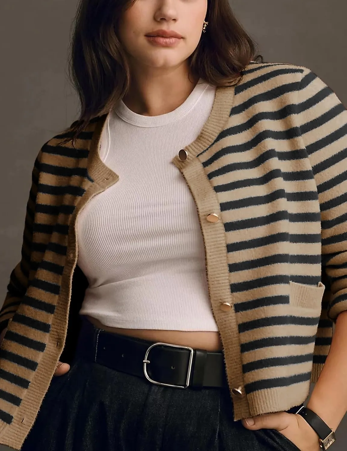 Lentta Womens Striped Knit Cardigan Sweater Crew Neck Long Sleeve Button Front Outerwear