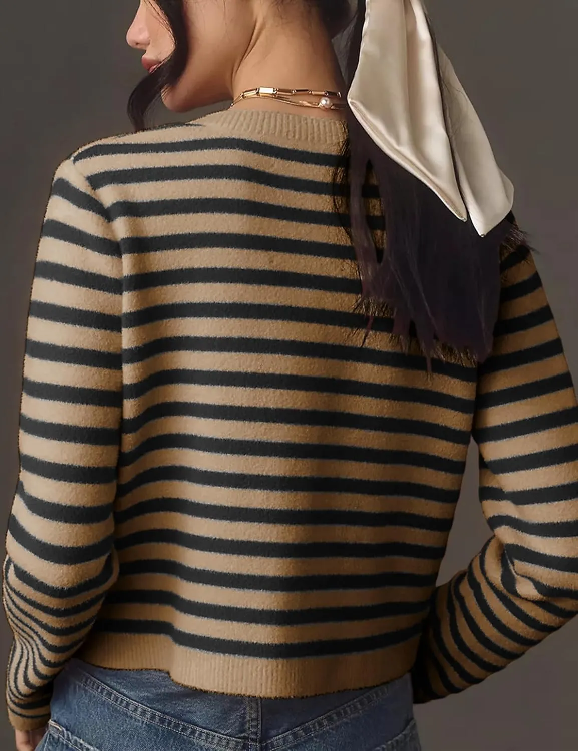 Lentta Womens Striped Knit Cardigan Sweater Crew Neck Long Sleeve Button Front Outerwear