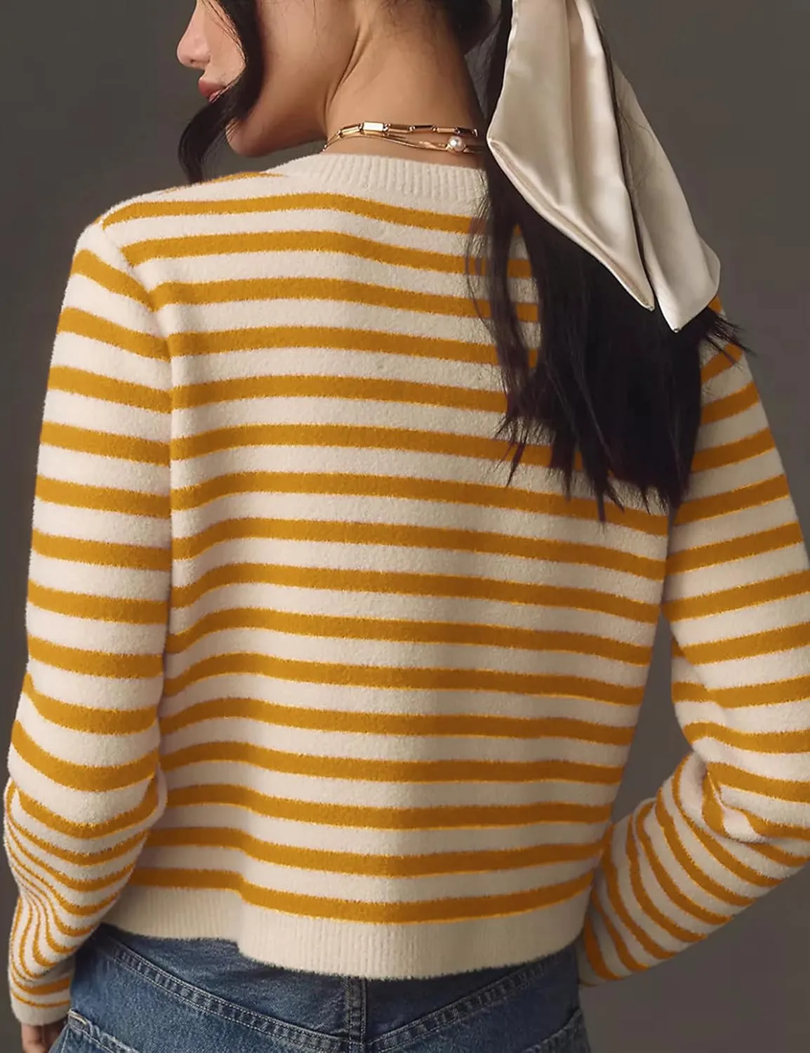 Lentta Womens Striped Knit Cardigan Sweater Crew Neck Long Sleeve Button Front Outerwear