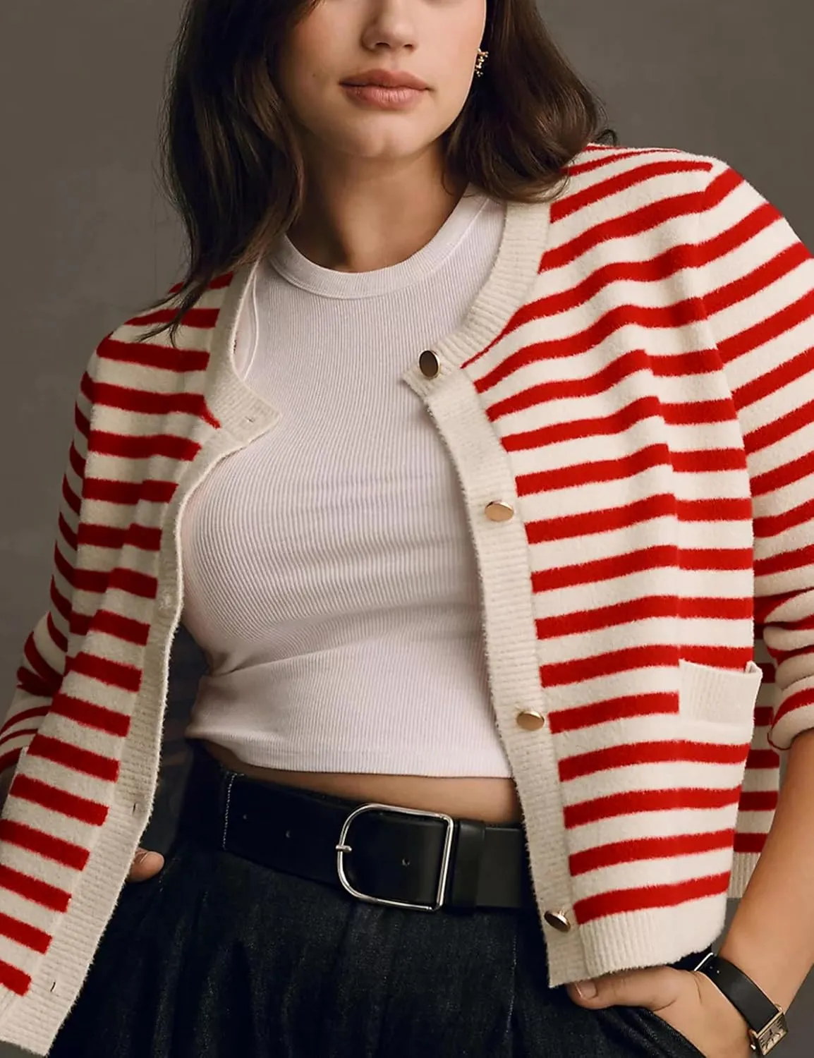 Lentta Womens Striped Knit Cardigan Sweater Crew Neck Long Sleeve Button Front Outerwear