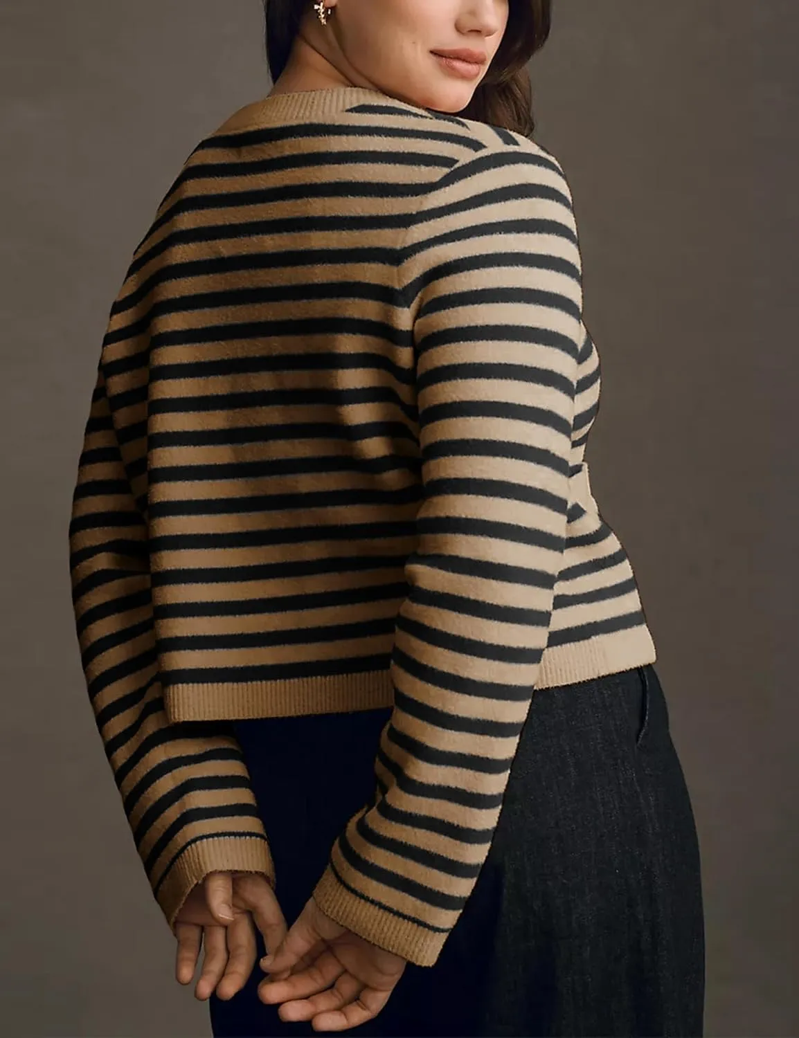 Lentta Womens Striped Knit Cardigan Sweater Crew Neck Long Sleeve Button Front Outerwear