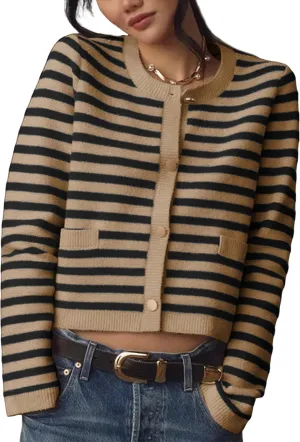 Lentta Womens Striped Knit Cardigan Sweater Crew Neck Long Sleeve Button Front Outerwear