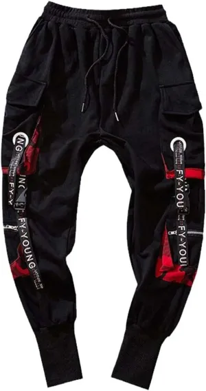 Letter Ribbons Casual Hip Hop Joggers Cargo Pants for Men Block Pocket Black Track Pants Male Trousers Sweatpants