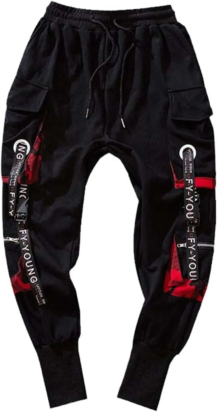 Letter Ribbons Casual Hip Hop Joggers Cargo Pants for Men Block Pocket Black Track Pants Male Trousers Sweatpants