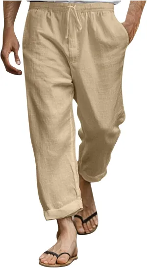 Linen Pants Men Long Relaxed Fit Elastic Waist Pants with Pockets Beach Yoga Travel Lounge Trousers for Summer