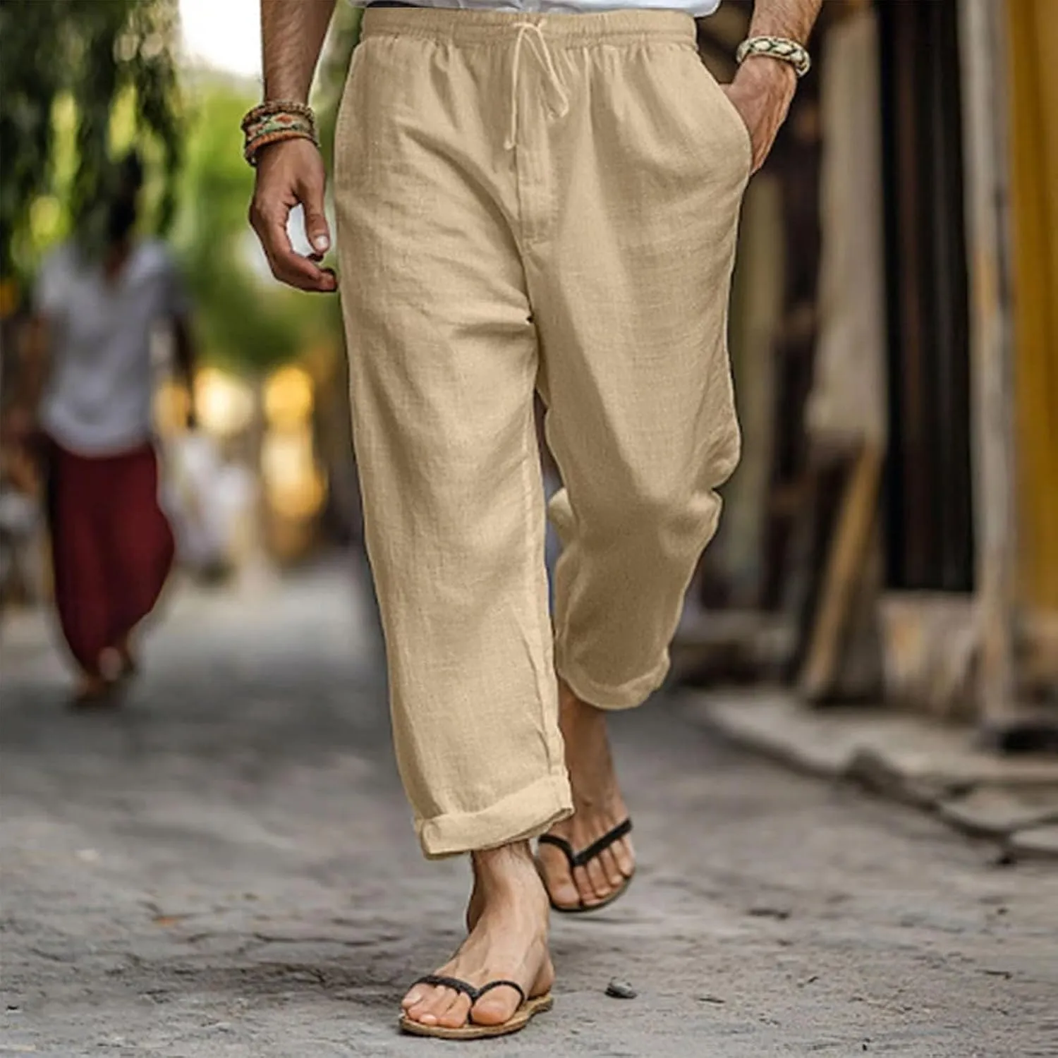 Linen Pants Men Long Relaxed Fit Elastic Waist Pants with Pockets Beach Yoga Travel Lounge Trousers for Summer