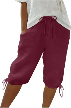 Linen Shorts for Women 2025 Knee Length Summer Shorts Drawstring High Waisted Bermuda Shorts Casual Shorts Pockets