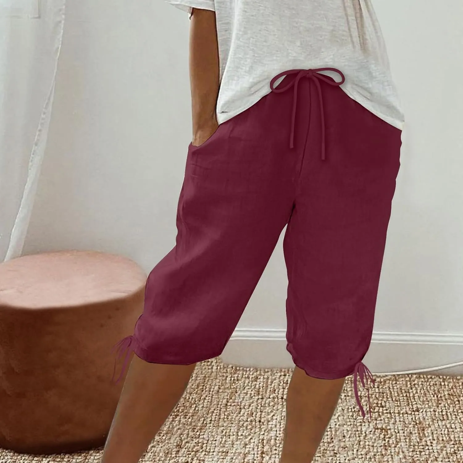 Linen Shorts for Women 2025 Knee Length Summer Shorts Drawstring High Waisted Bermuda Shorts Casual Shorts Pockets