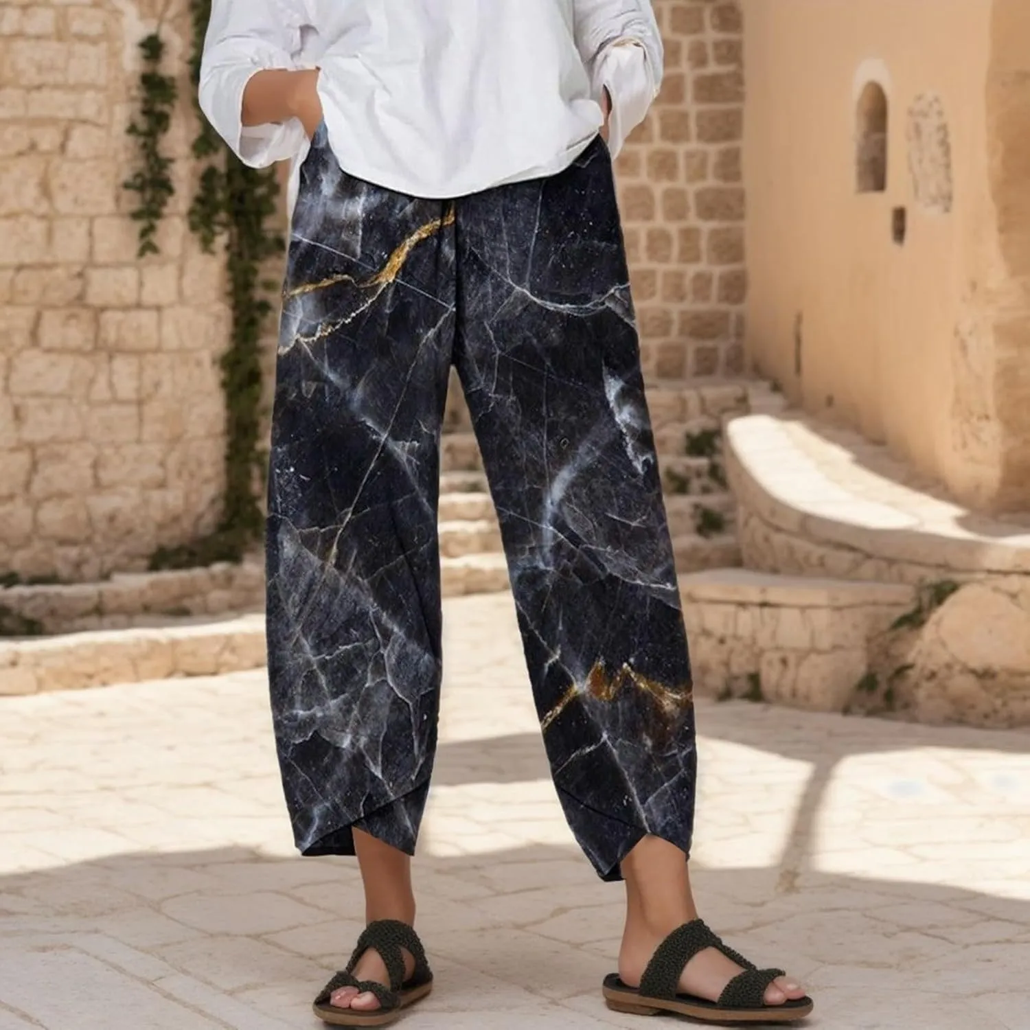 Linen Trousers Pants for Women Casual Summer Loose Solid Color High Waisted Straight Leg Beach Linen Pants with Pockets