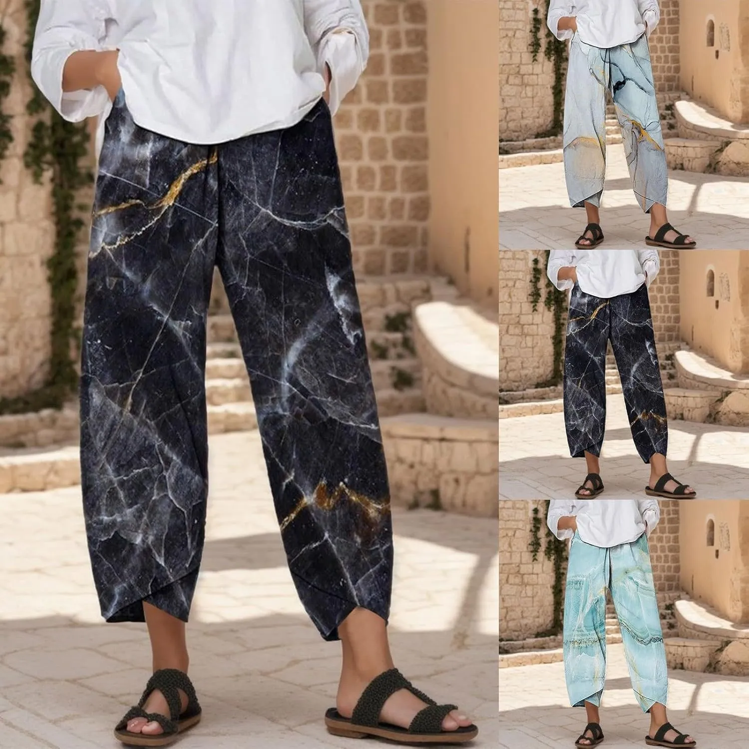 Linen Trousers Pants for Women Casual Summer Loose Solid Color High Waisted Straight Leg Beach Linen Pants with Pockets