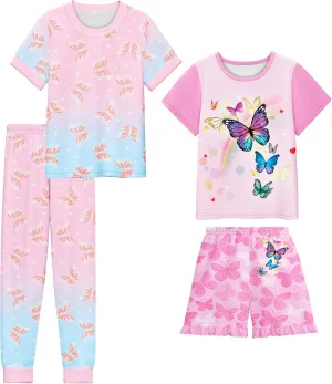 LQSZ Girls Pajamas Set Kids 4 Piece Summer Sleepwear 3-10 Years Pajama Toddler Pjs