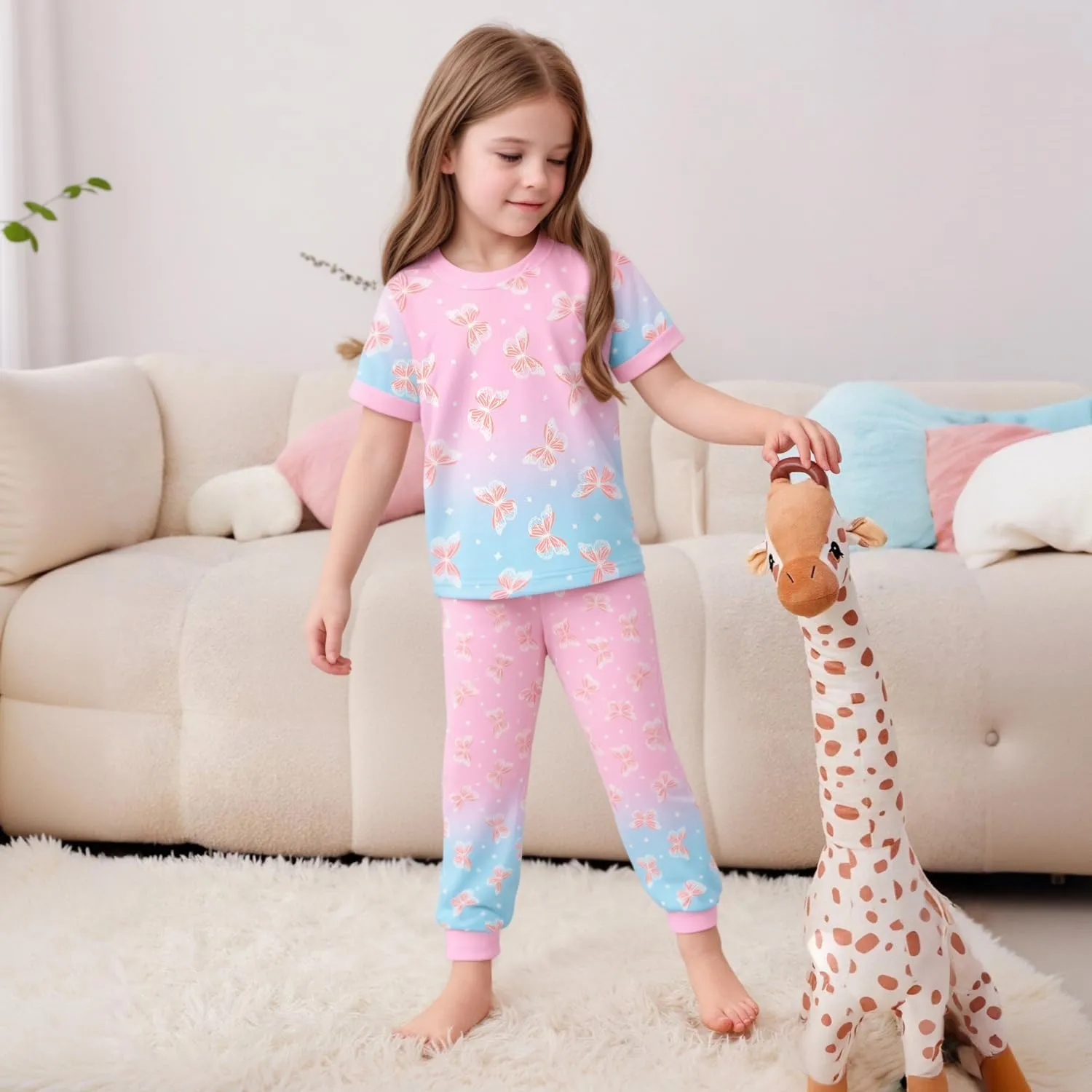 LQSZ Girls Pajamas Set Kids 4 Piece Summer Sleepwear 3-10 Years Pajama Toddler Pjs