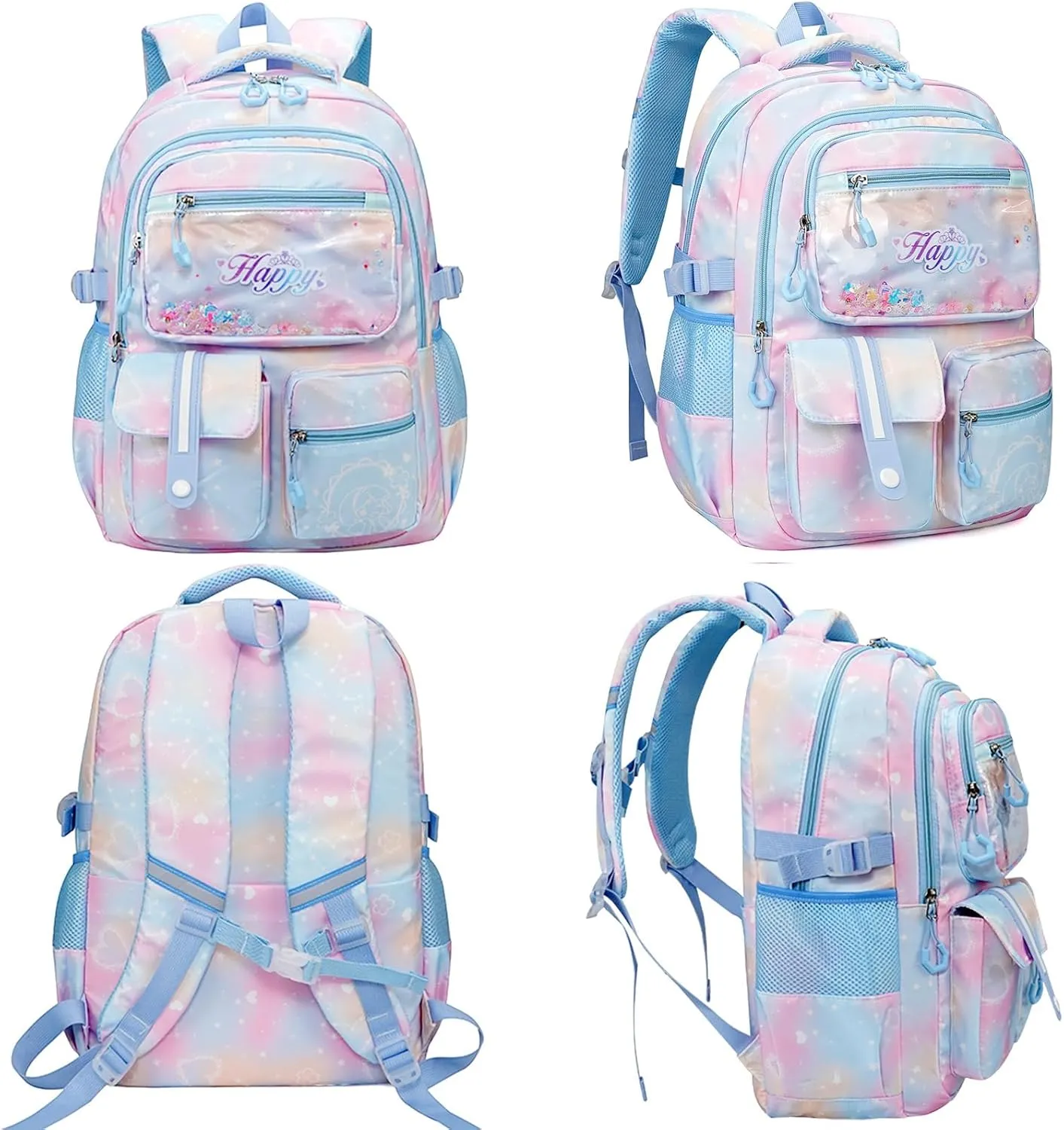 MCWTH Backpack for Teen Girls, Kawaii Cute Kids Elementary Student School Backpacks (Happy Blue)