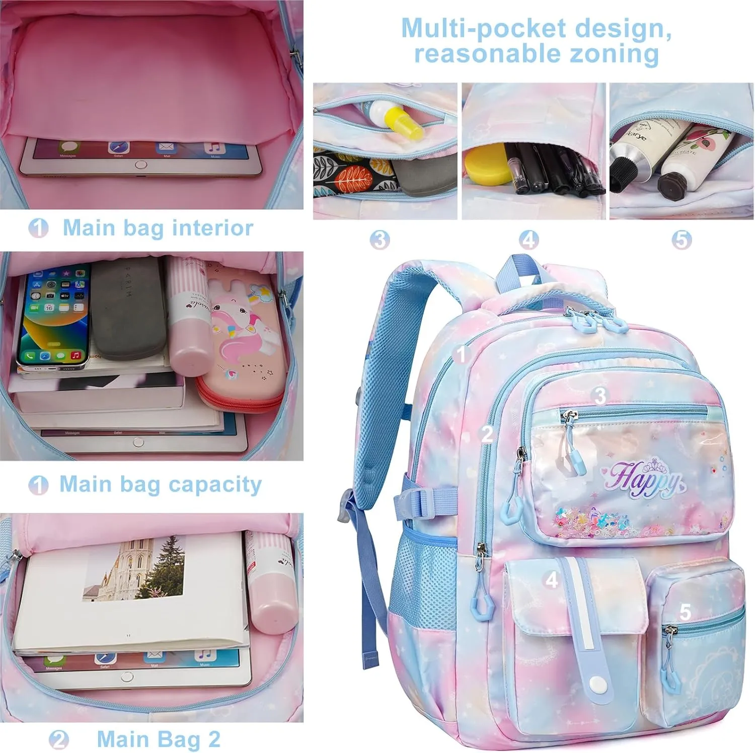 MCWTH Backpack for Teen Girls, Kawaii Cute Kids Elementary Student School Backpacks (Happy Blue)