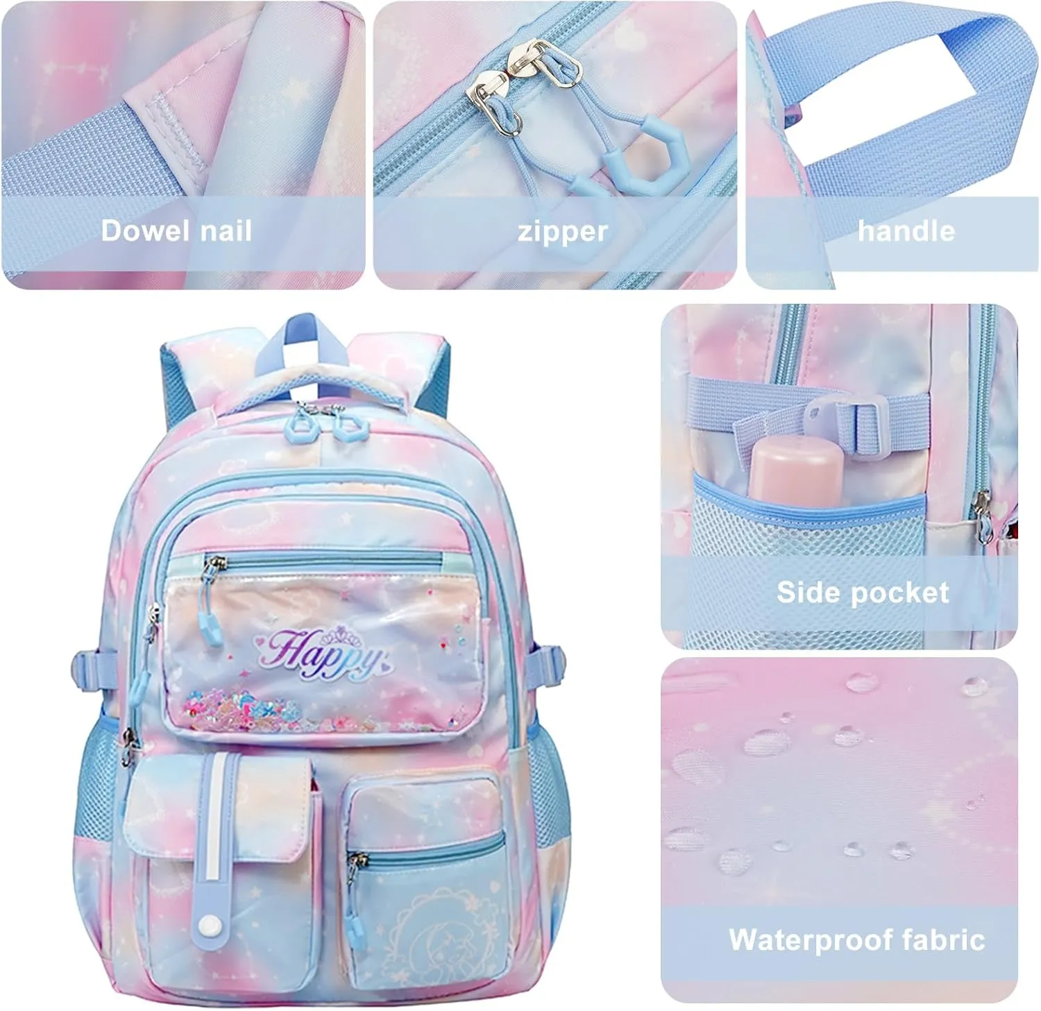 MCWTH Backpack for Teen Girls, Kawaii Cute Kids Elementary Student School Backpacks (Happy Blue)