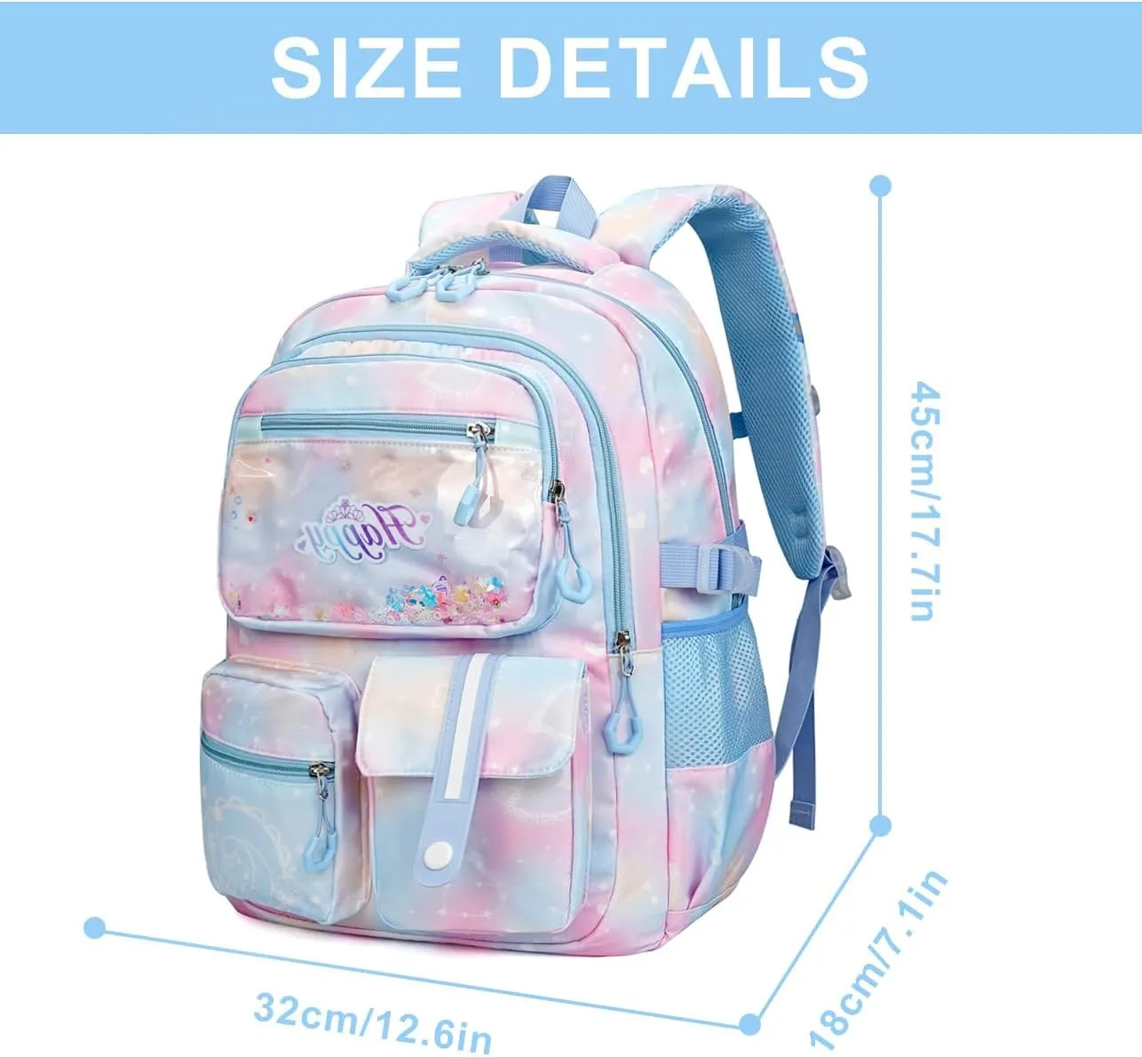 MCWTH Backpack for Teen Girls, Kawaii Cute Kids Elementary Student School Backpacks (Happy Blue)