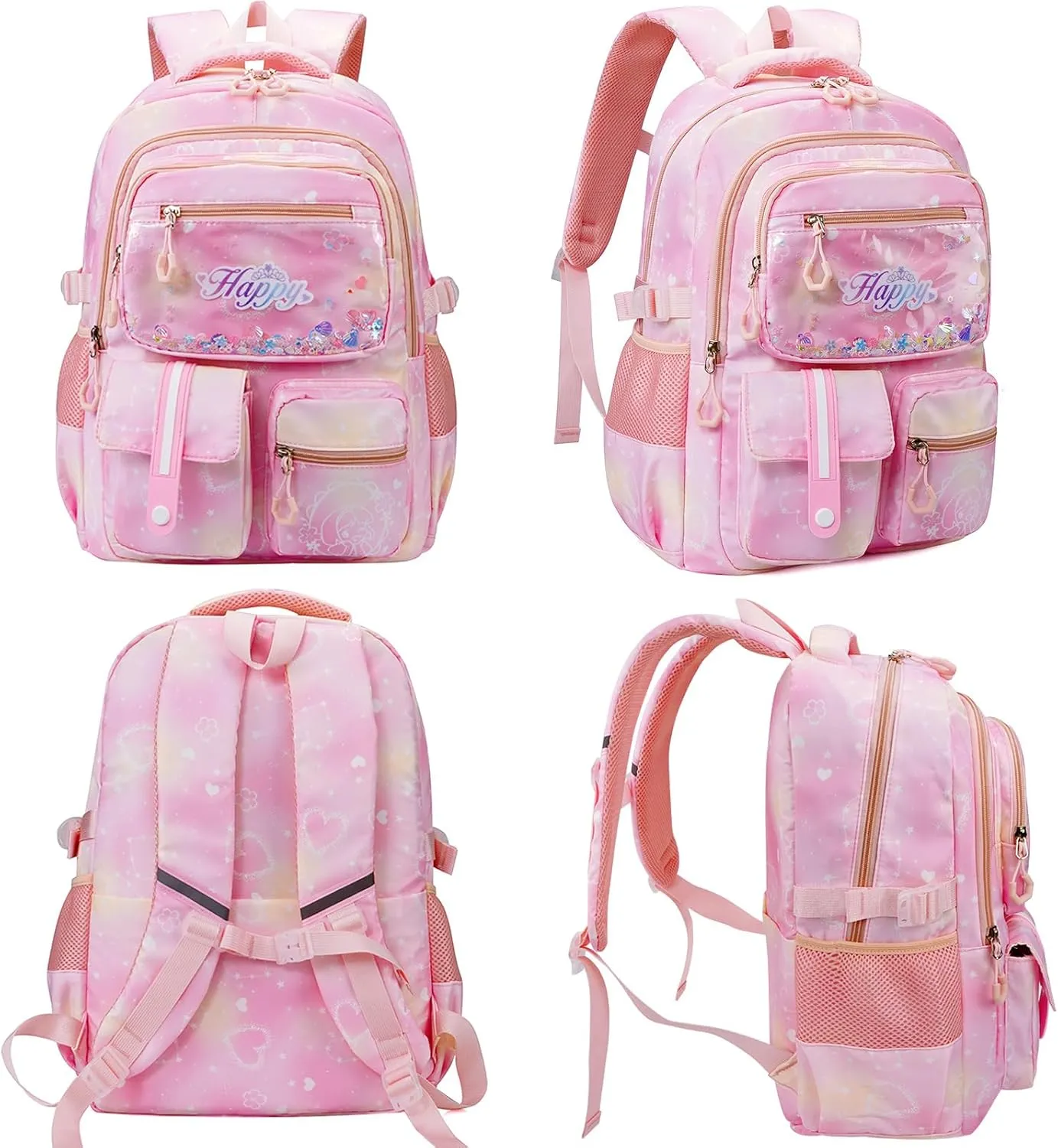 MCWTH Backpack for Teen Girls, Kawaii Cute Kids Elementary Student School Backpacks (Happy Pink)