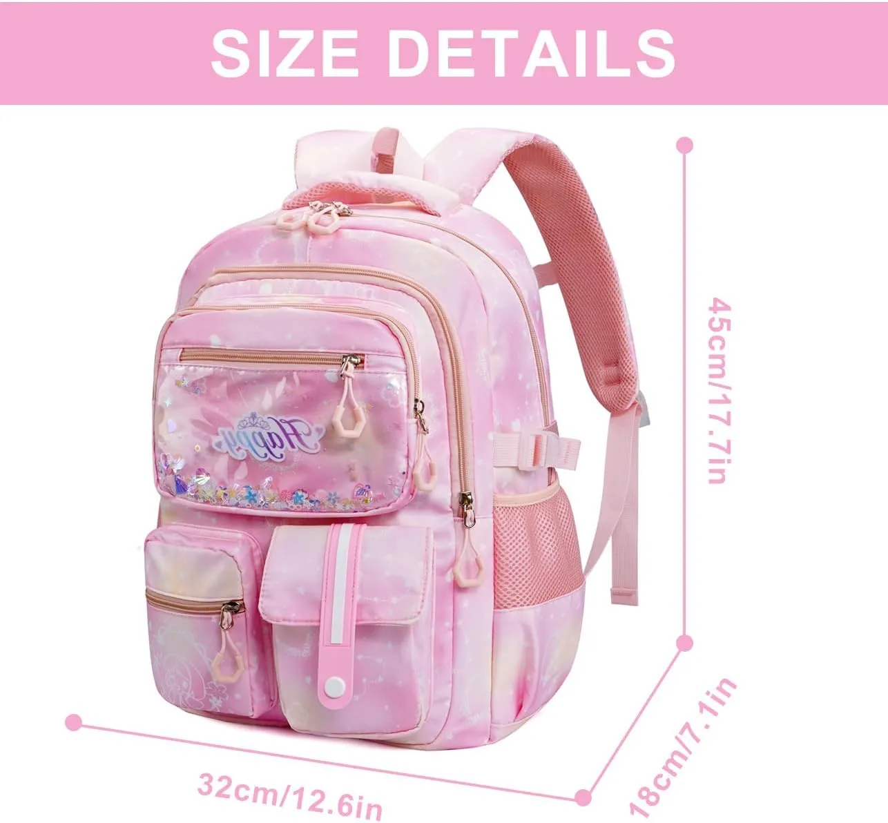 MCWTH Backpack for Teen Girls, Kawaii Cute Kids Elementary Student School Backpacks (Happy Pink)