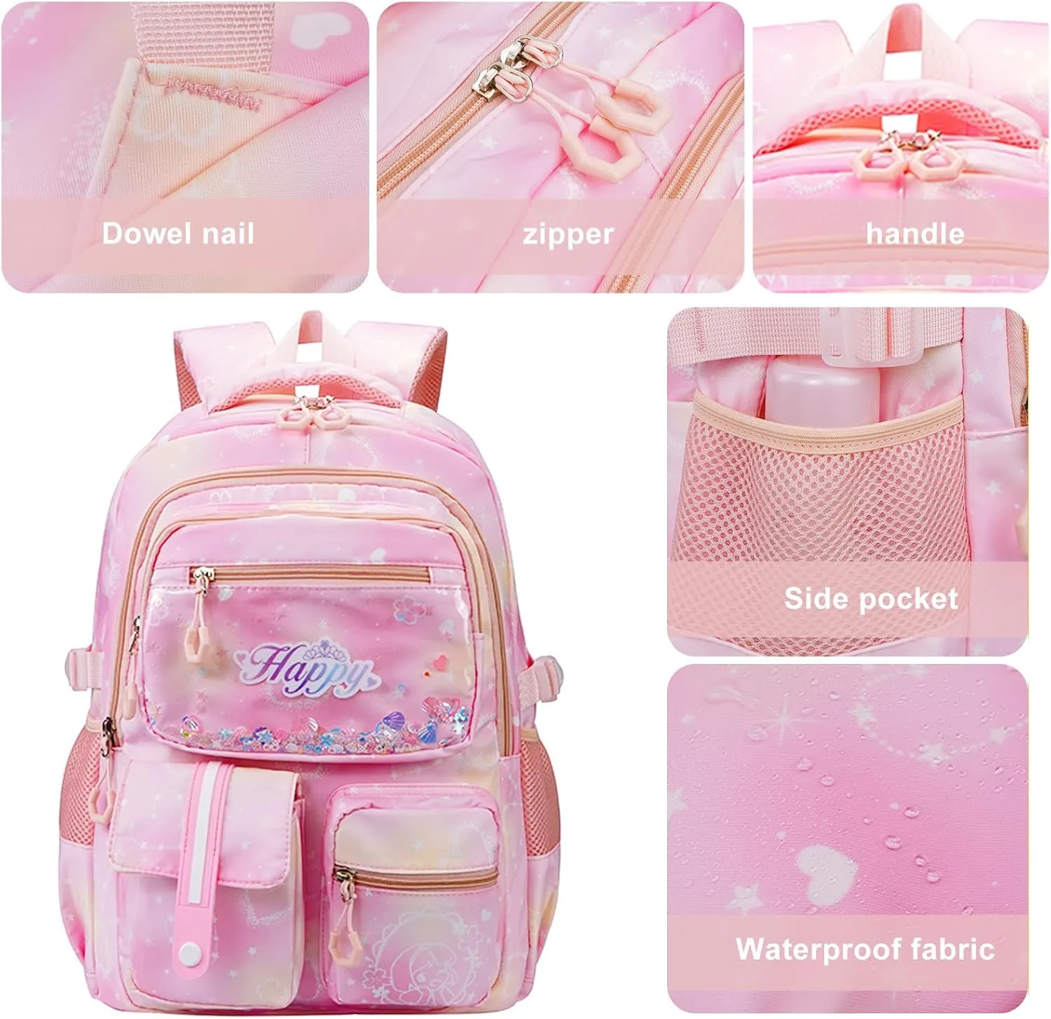 MCWTH Backpack for Teen Girls, Kawaii Cute Kids Elementary Student School Backpacks (Happy Pink)