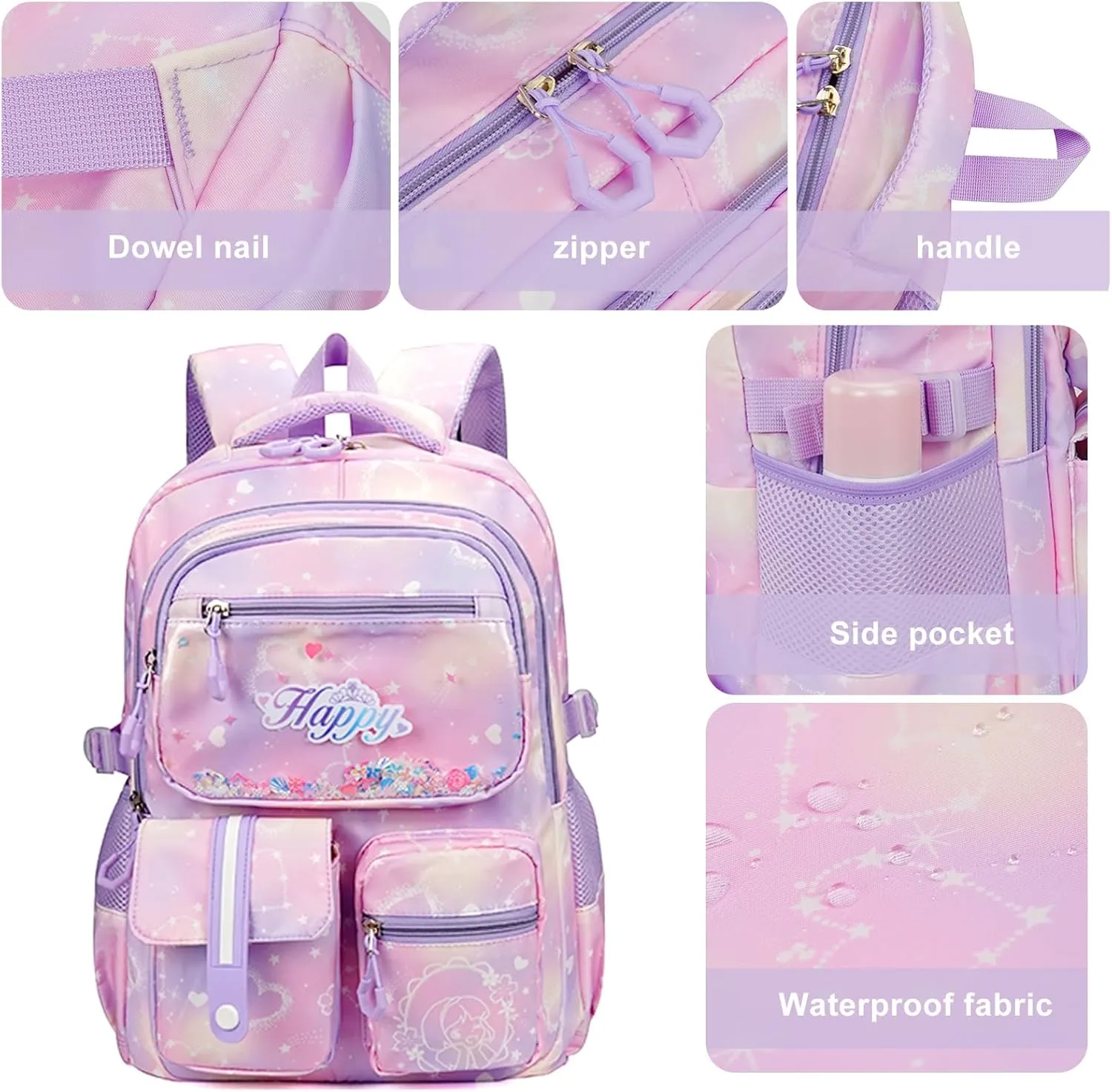 MCWTH Backpack for Teen Girls, Kawaii Cute Kids Elementary Student School Backpacks (Happy Purple)