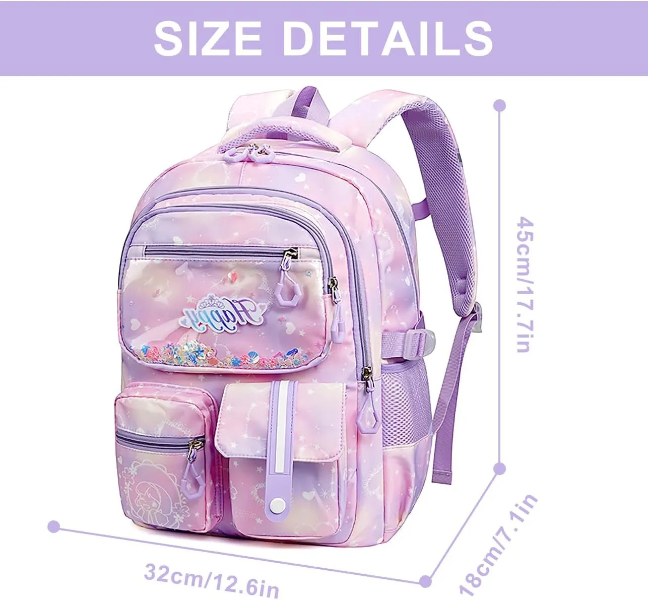 MCWTH Backpack for Teen Girls, Kawaii Cute Kids Elementary Student School Backpacks (Happy Purple)