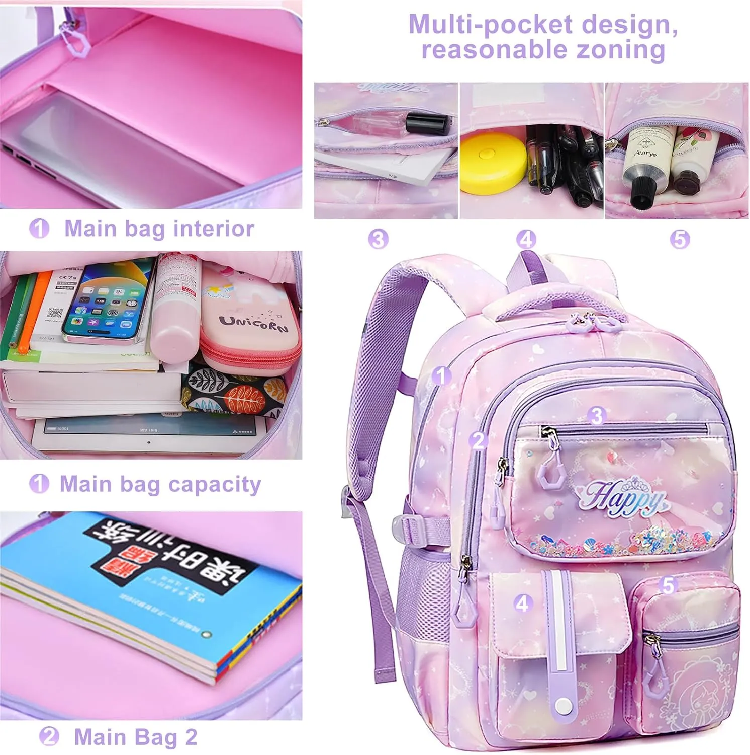 MCWTH Backpack for Teen Girls, Kawaii Cute Kids Elementary Student School Backpacks (Happy Purple)