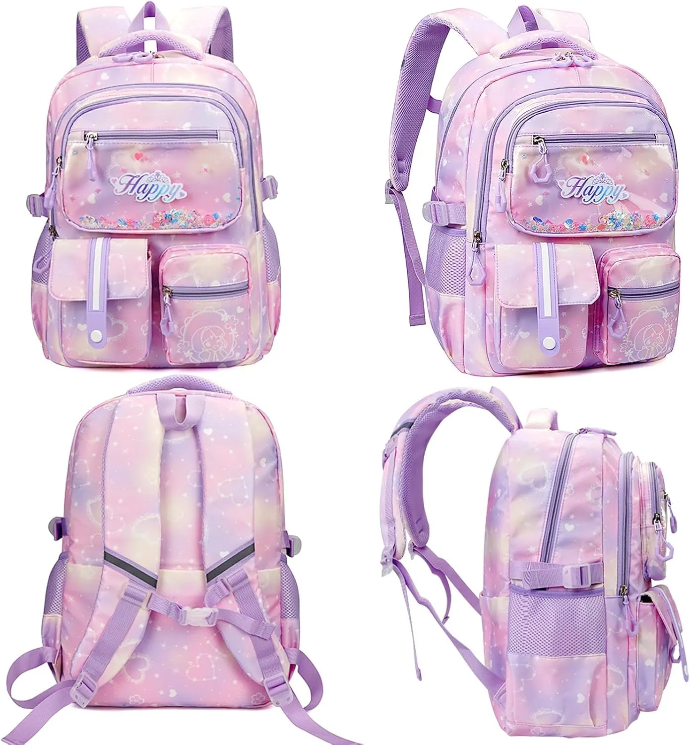 MCWTH Backpack for Teen Girls, Kawaii Cute Kids Elementary Student School Backpacks (Happy Purple)