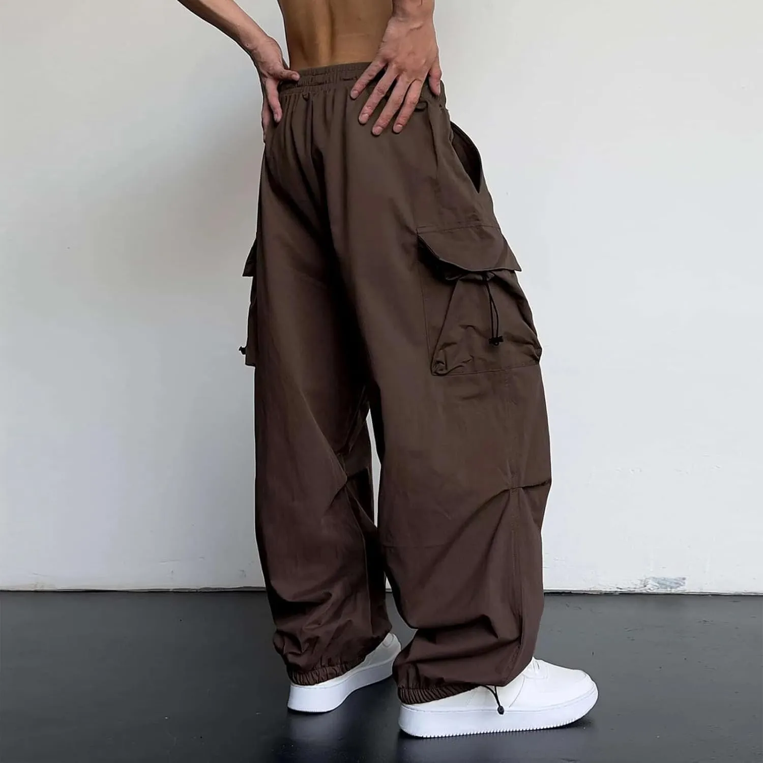 Men Baggy Cargo Pants Drawstring Casual Parachute Pants Trendy Loose Harem Joggers Sweatpants Streetwear with Pockets