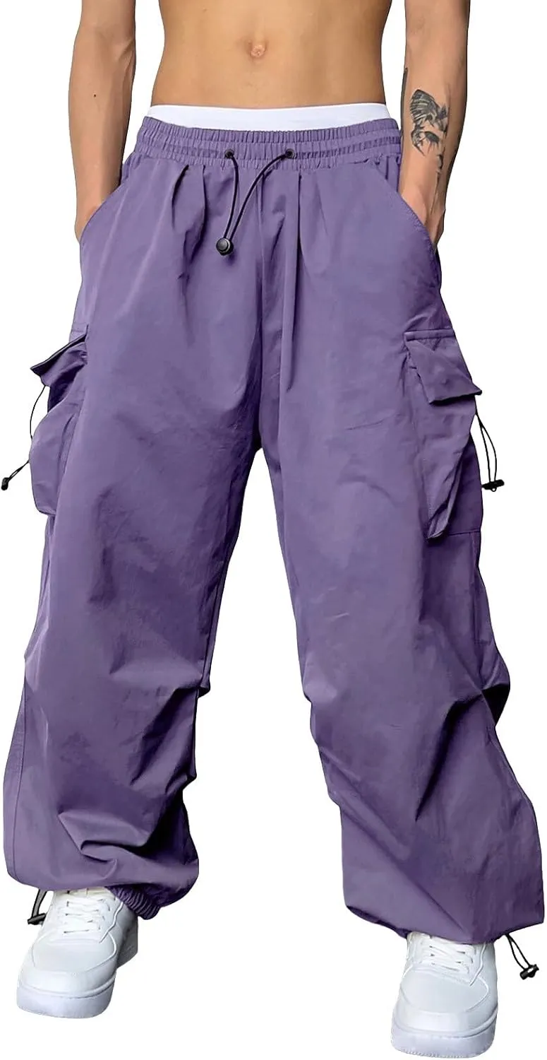 Men Baggy Cargo Pants Trendy Casual Parachute Pants Drawstring Sweatpants Loose Harem Joggers Streetwear with Pockets