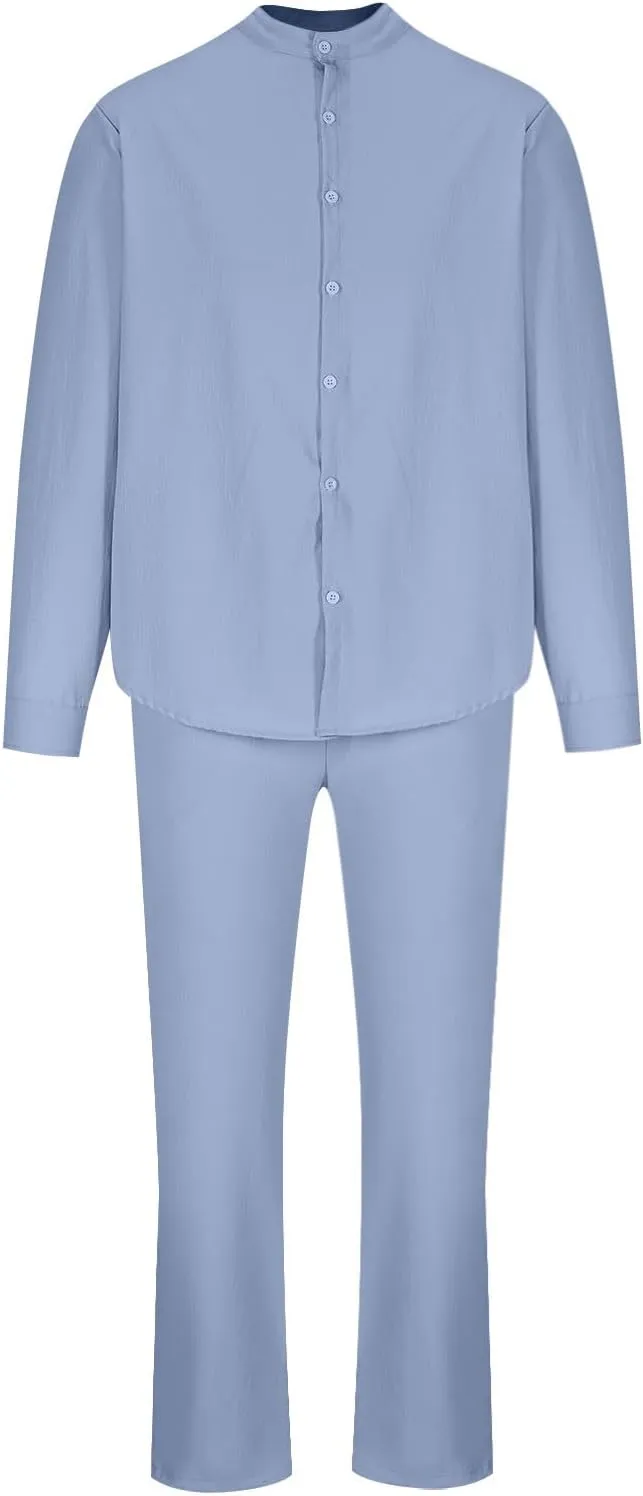 Men Cotton Linen Set Plus Size Long Sleeve Button Shirts Pants 2PC Suit Blouse Top Wide Leg Trouser Summer Outfits