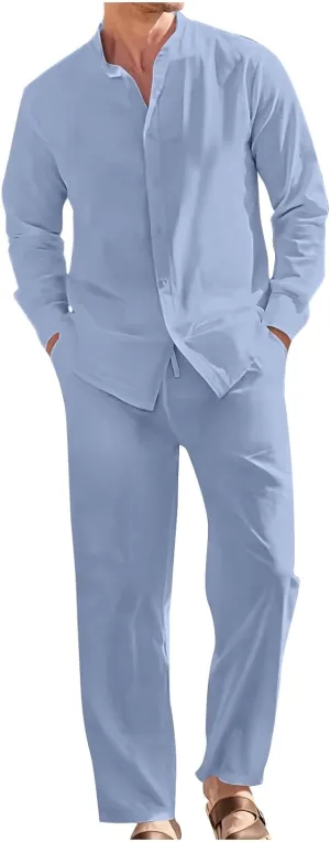 Men Cotton Linen Set Plus Size Long Sleeve Button Shirts Pants 2PC Suit Blouse Top Wide Leg Trouser Summer Outfits