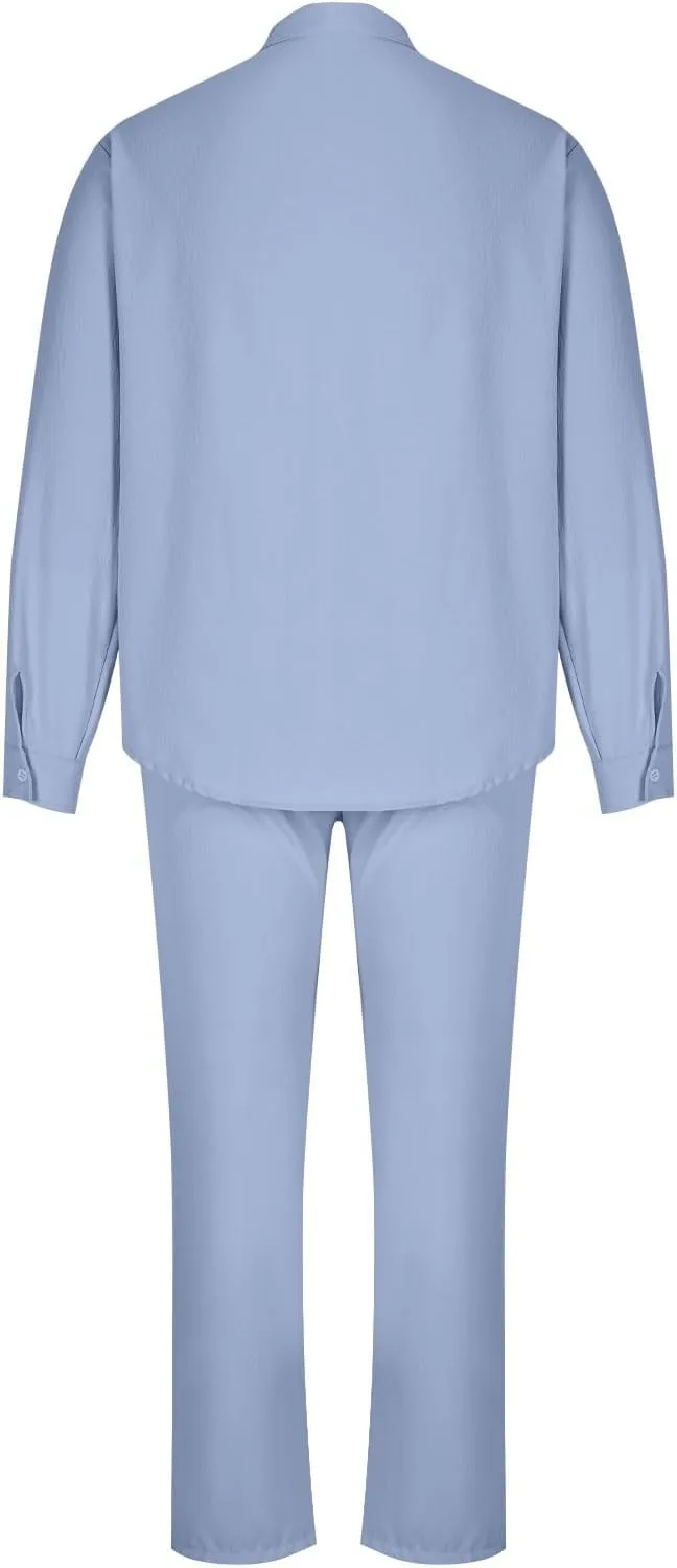 Men Cotton Linen Set Plus Size Long Sleeve Button Shirts Pants 2PC Suit Blouse Top Wide Leg Trouser Summer Outfits