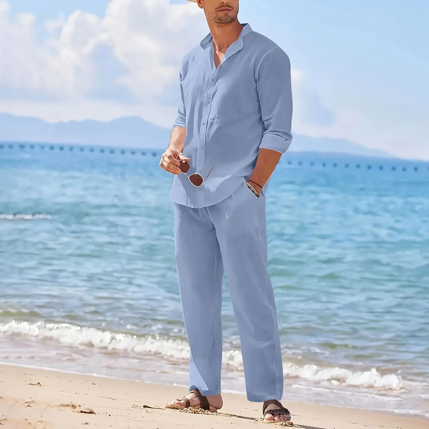 Men Cotton Linen Set Plus Size Long Sleeve Button Shirts Pants 2PC Suit Blouse Top Wide Leg Trouser Summer Outfits