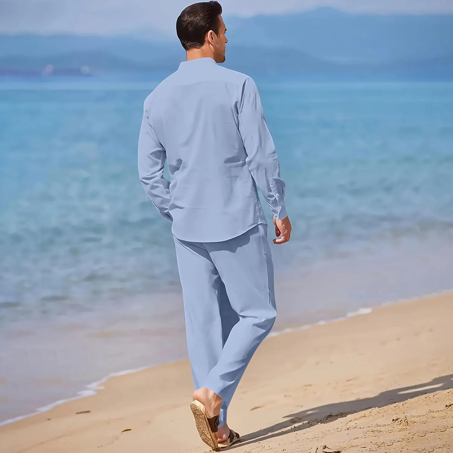 Men Cotton Linen Set Plus Size Long Sleeve Button Shirts Pants 2PC Suit Blouse Top Wide Leg Trouser Summer Outfits