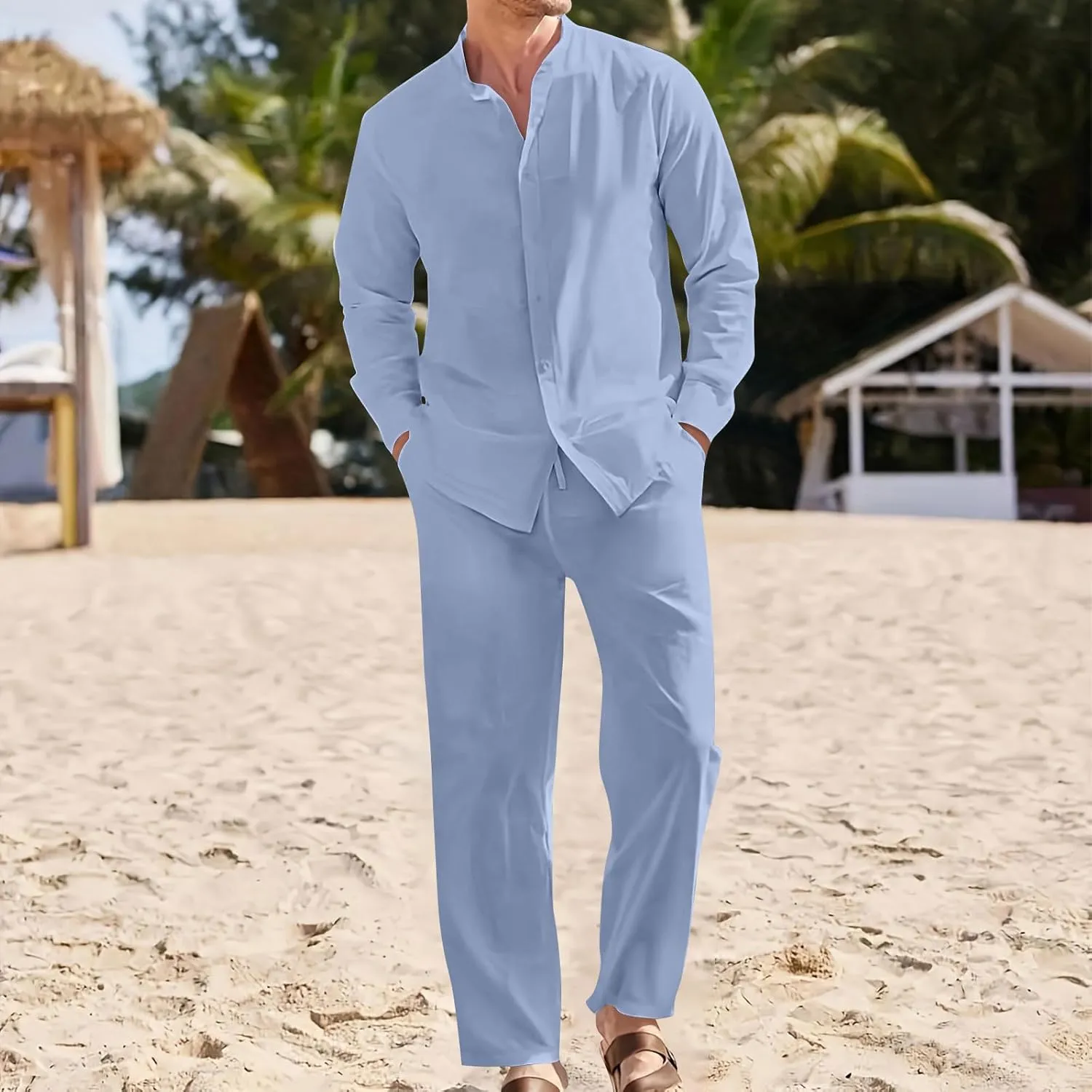Men Cotton Linen Set Plus Size Long Sleeve Button Shirts Pants 2PC Suit Blouse Top Wide Leg Trouser Summer Outfits