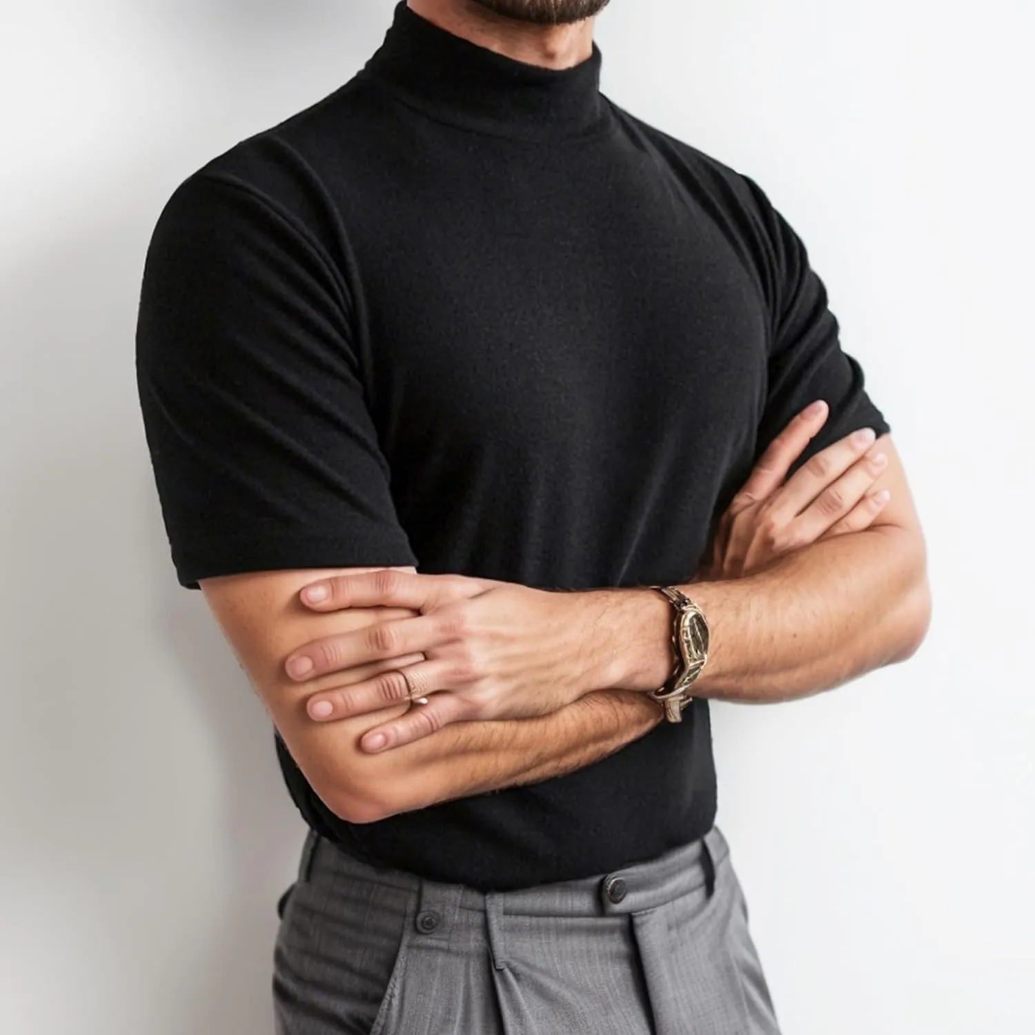 Men Fashion Short Sleeve Turtleneck T Shirt Slim Fit Pullover Top Thermal Shirts