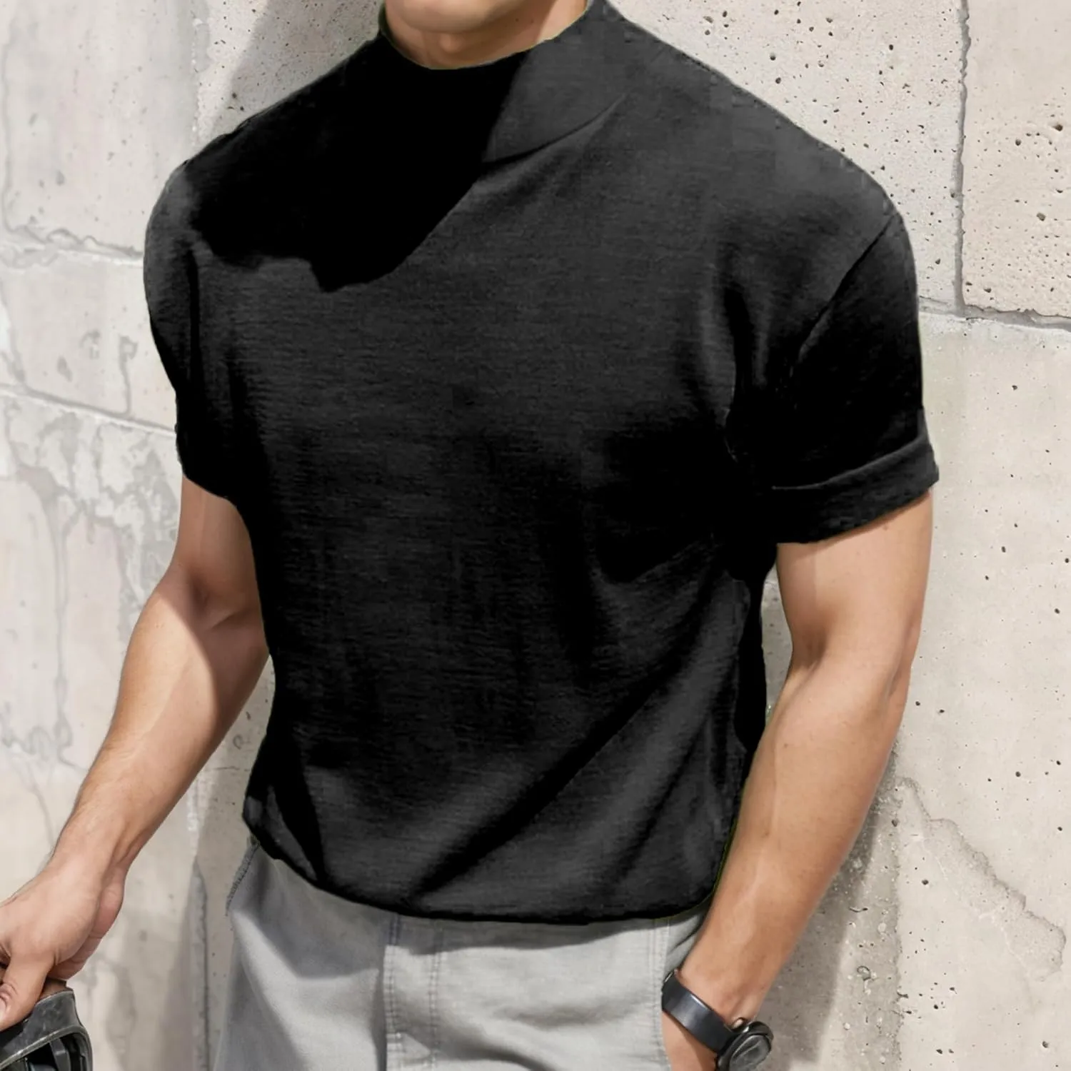 Men Fashion Short Sleeve Turtleneck T Shirt Slim Fit Pullover Top Thermal Shirts