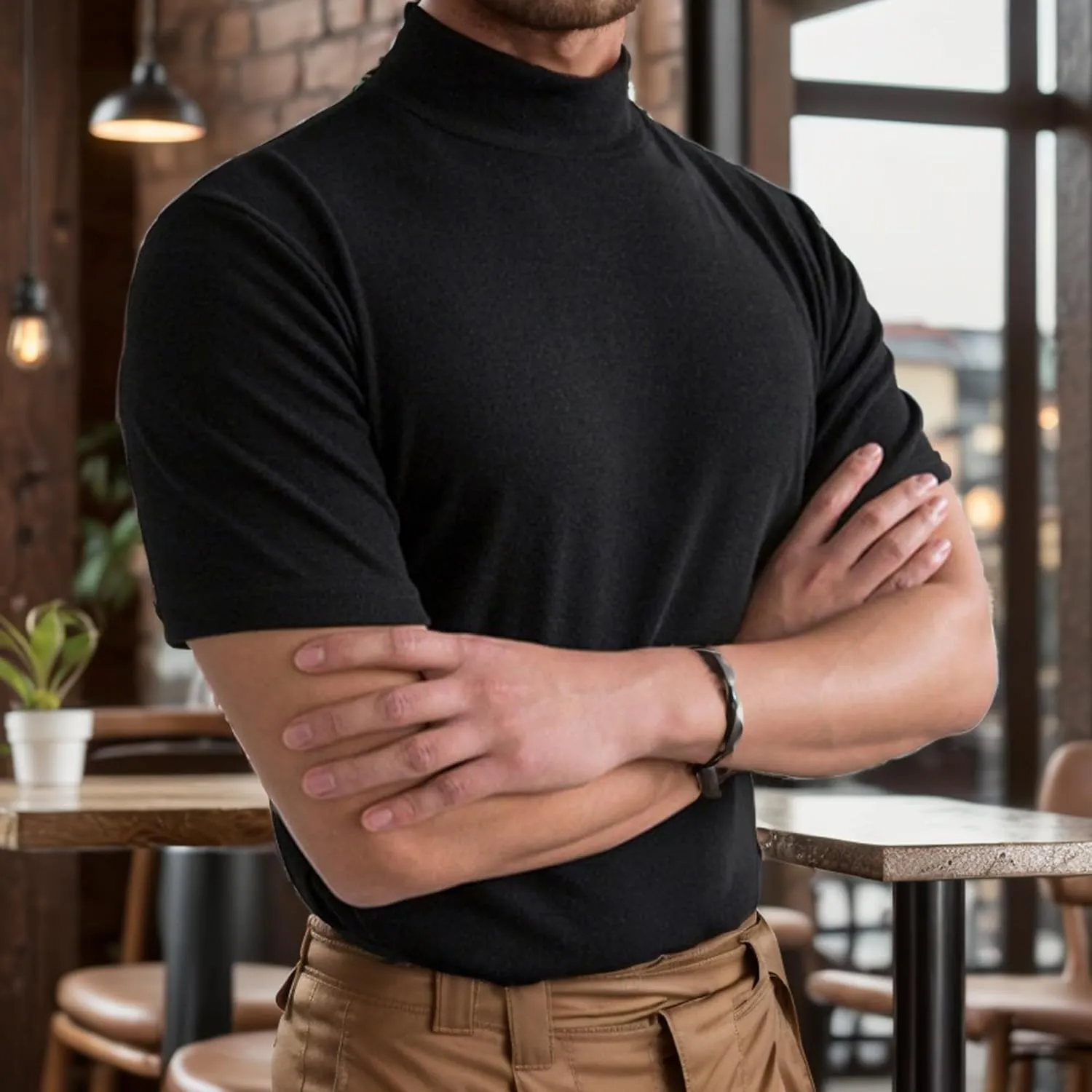 Men Fashion Short Sleeve Turtleneck T Shirt Slim Fit Pullover Top Thermal Shirts