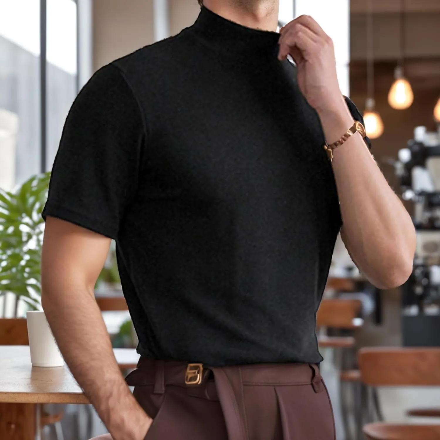 Men Fashion Short Sleeve Turtleneck T Shirt Slim Fit Pullover Top Thermal Shirts