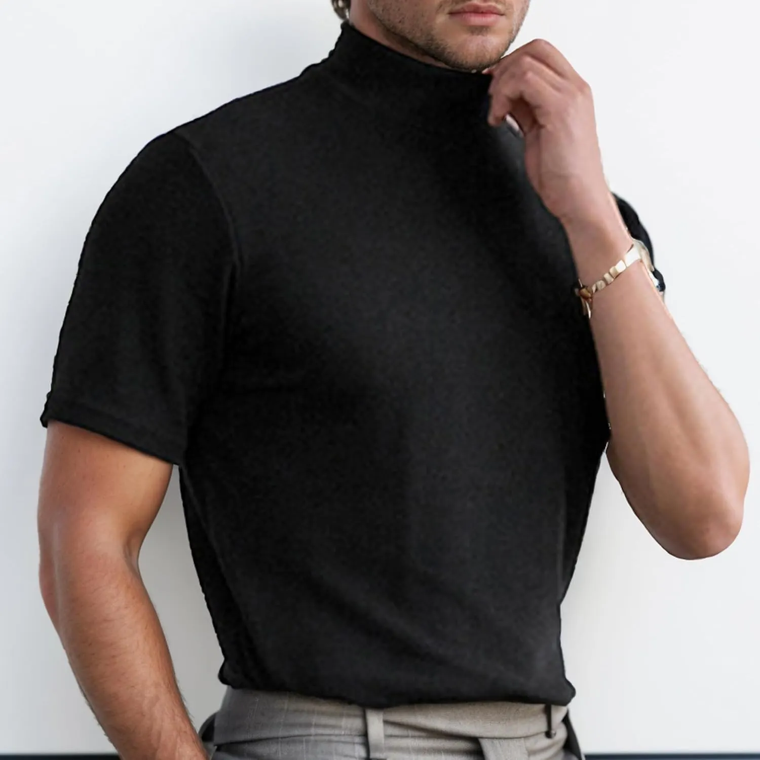 Men Fashion Short Sleeve Turtleneck T Shirt Slim Fit Pullover Top Thermal Shirts