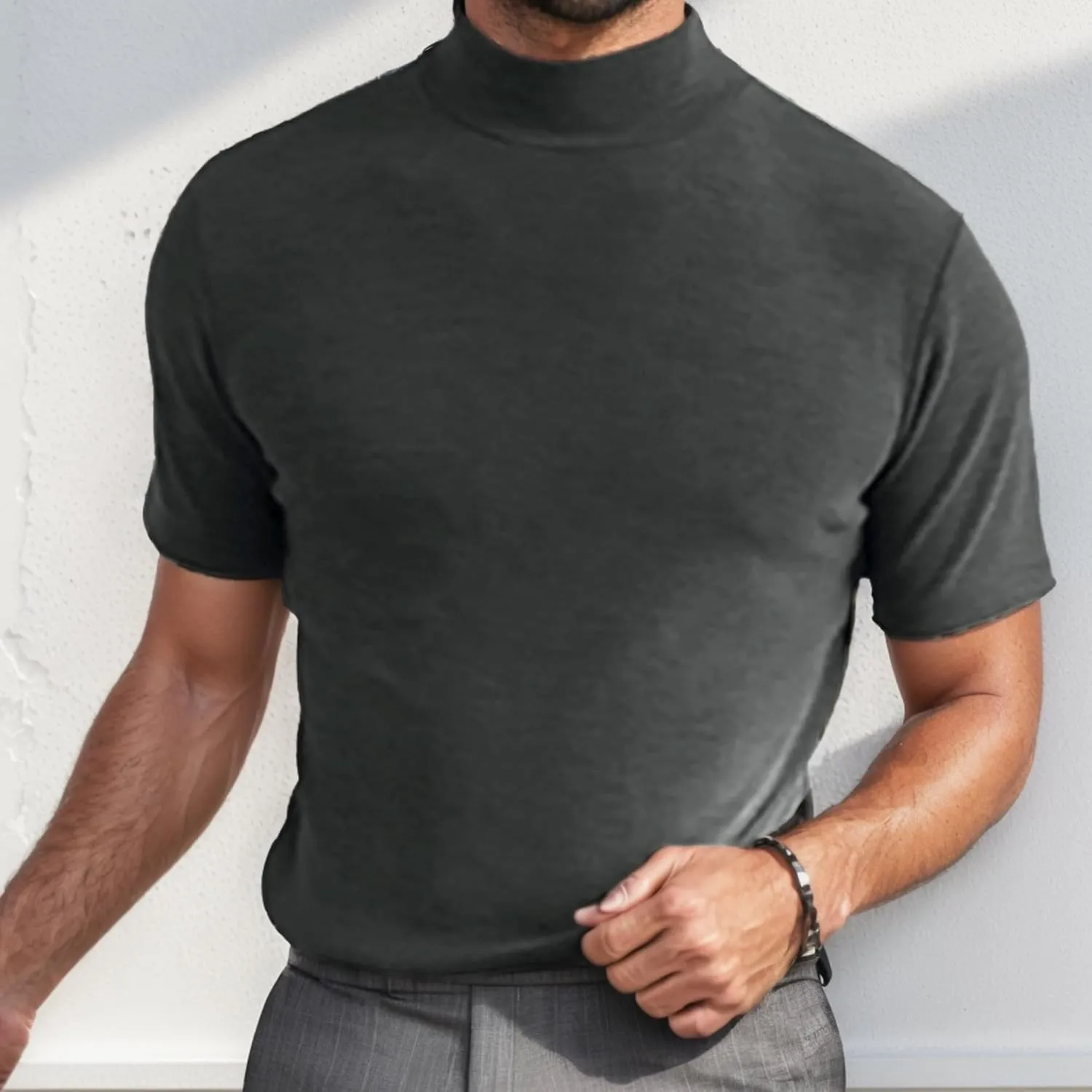 Men Fashion Short Sleeve Turtleneck T Shirt Slim Fit Pullover Top Thermal Shirts