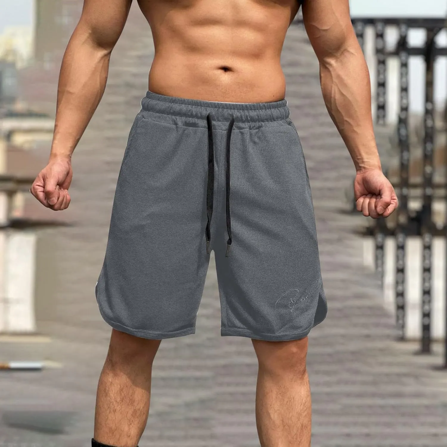 Men Waffle Workout Running Shorts with Pockets Quick Dry Summer Casual Athletic Gym Lightweight Trunks Workout