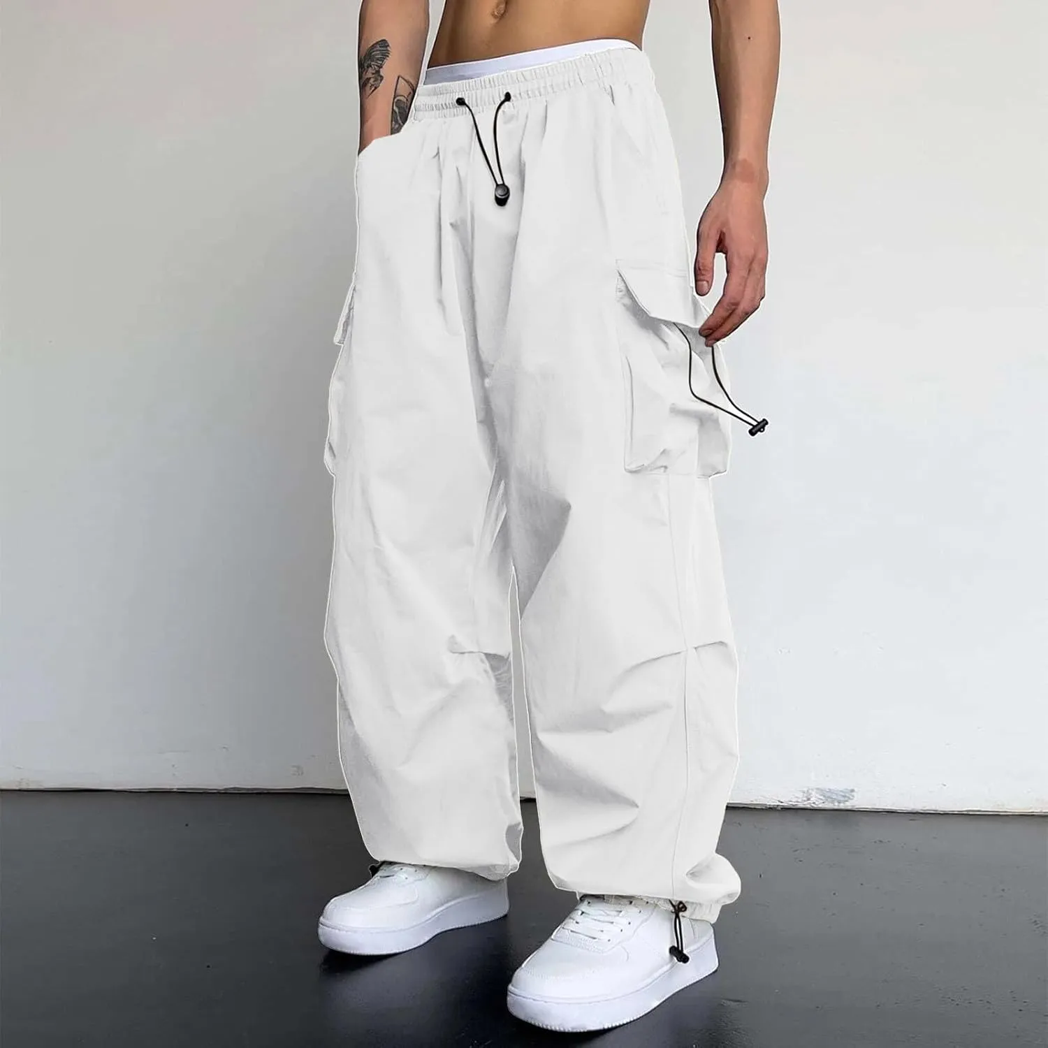 Mens Baggy Cargo Pants Trendy Casual Parachute Pants Plus Size Drawstring Sweatpants Loose Harem Joggers Streetwear
