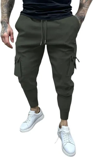 Men's Cargo Jogger Pants Stretch Sweatpants Slim Fit Tactical Pants with Zipper Pockets Casual Trousers Men's Casual Slim Fit Pants Skinny Stretch Dress Slacks #07- Green Large