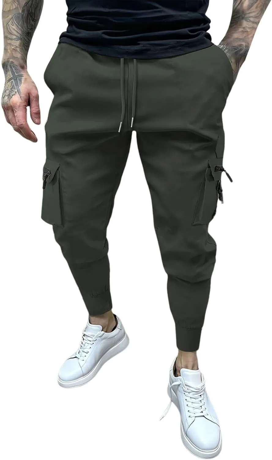 Men's Cargo Jogger Pants Stretch Sweatpants Slim Fit Tactical Pants with Zipper Pockets Casual Trousers Men's Casual Slim Fit Pants Skinny Stretch Dress Slacks #07- Green Large