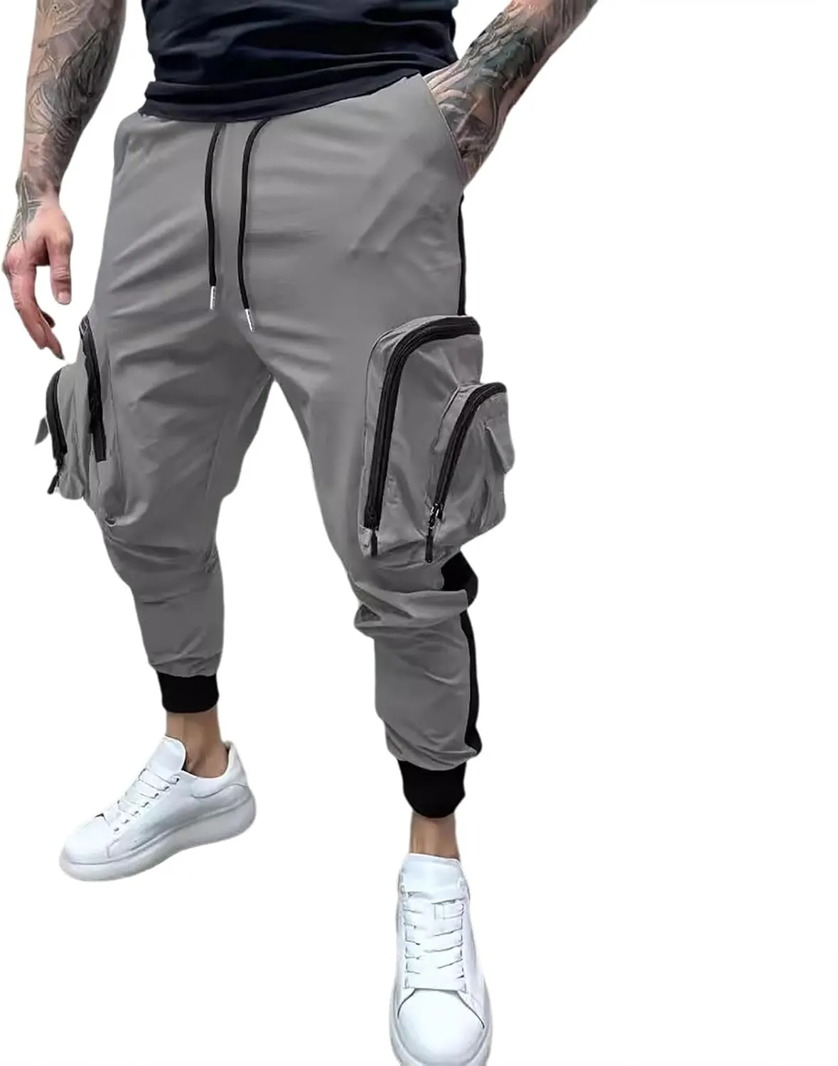 Men's Cargo Jogger Pants Stretch Sweatpants Slim Fit Tactical Pants with Zipper Pockets Casual Trousers Men's Casual Slim Fit Pants Skinny Stretch Dress Slacks #18- Grey Large